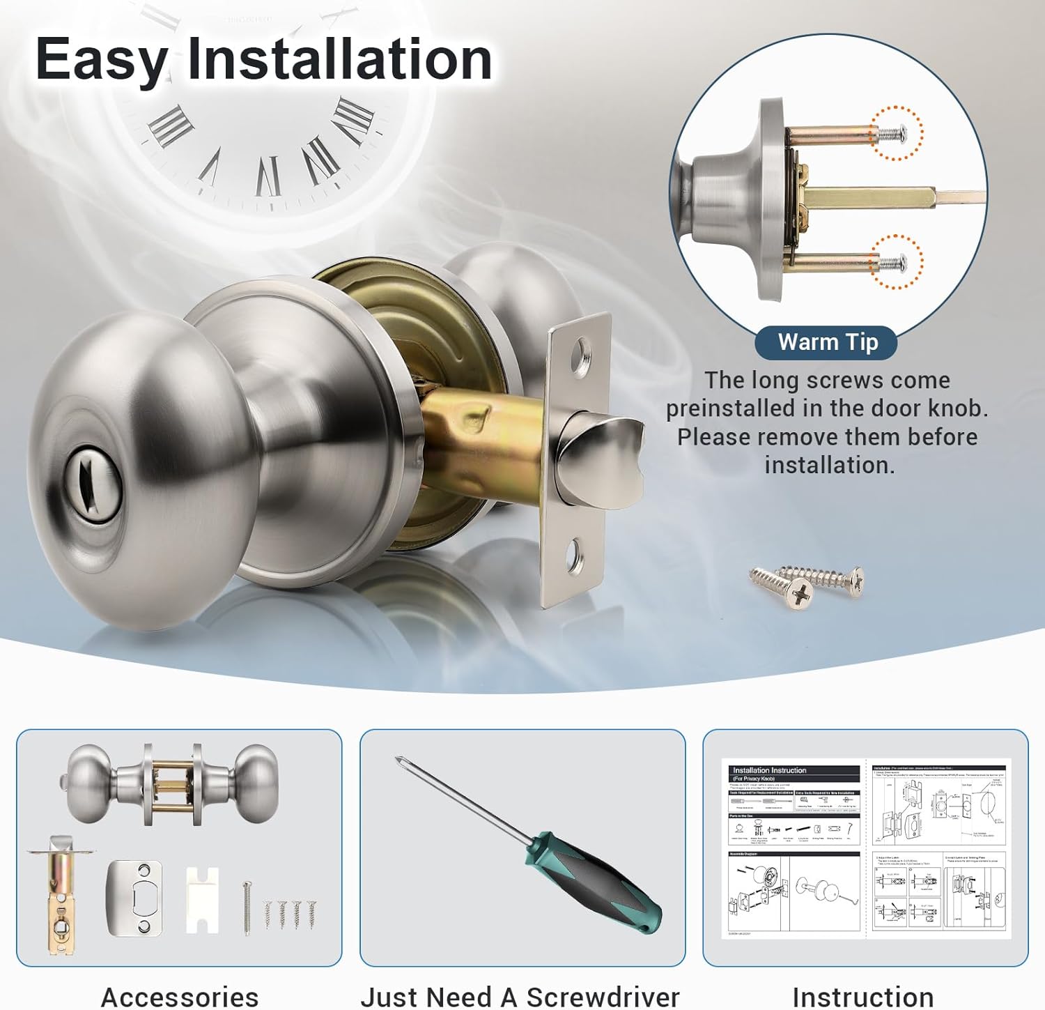 KNOBWELL 6 Pack Brushed Nickel Interior Door Knobs, Keyless Privacy Door Knob for Bedroom Bathroom, Stainless Steel Oval Style Indoor Door Knobset