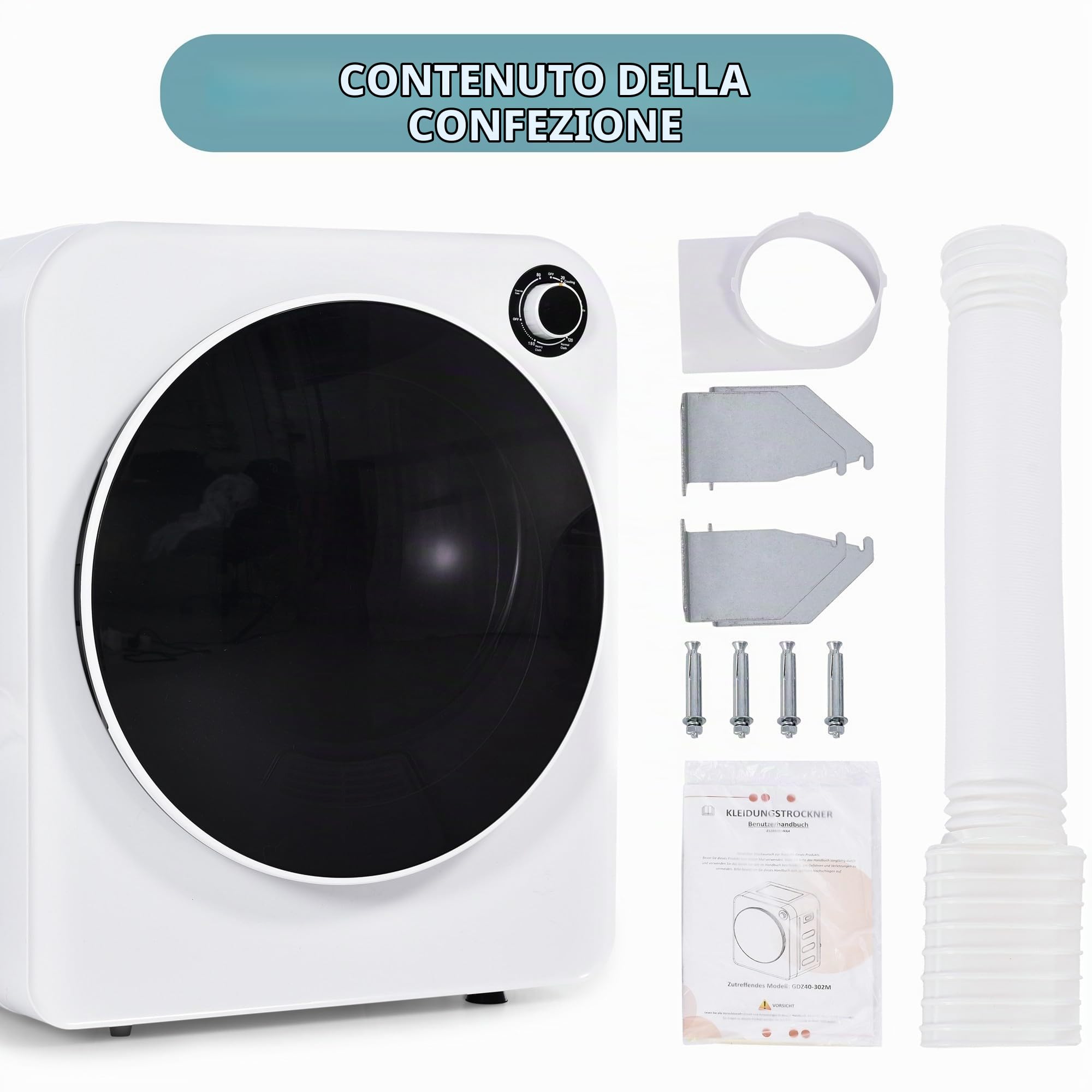 Qiang Mini Asciugatrice 3Kg,830W,Canna Interna in Inossidabile,Filtro Triplo,5 Programmi,Protezione Contro Surriscaldamento,può Essere Montato a Parete,per Piccoli Appartamenti O Dormitori