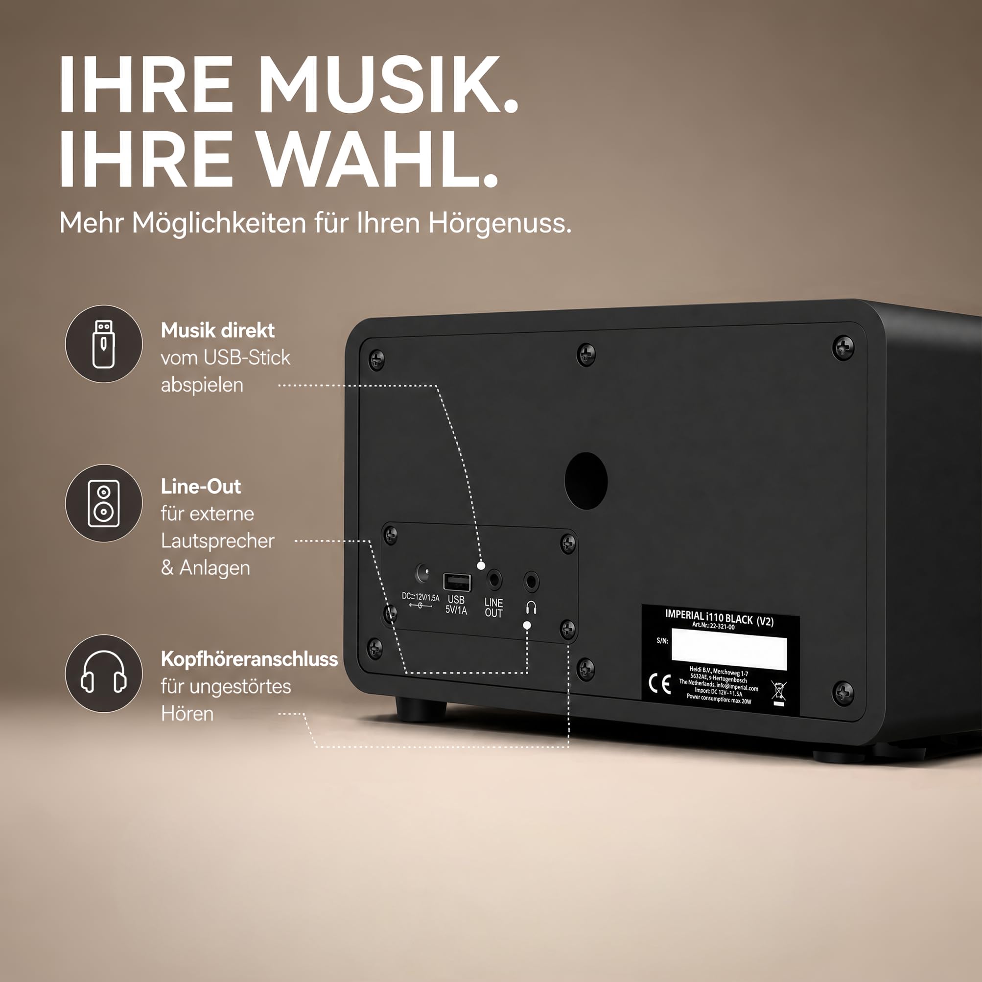 Imperial i110 22-320-00 Internetradio WLAN, Bluetooth, Küchenradio, WLAN - Internetradio (TFT Farbdisplay, Line-Out, Netzteil) schwarz