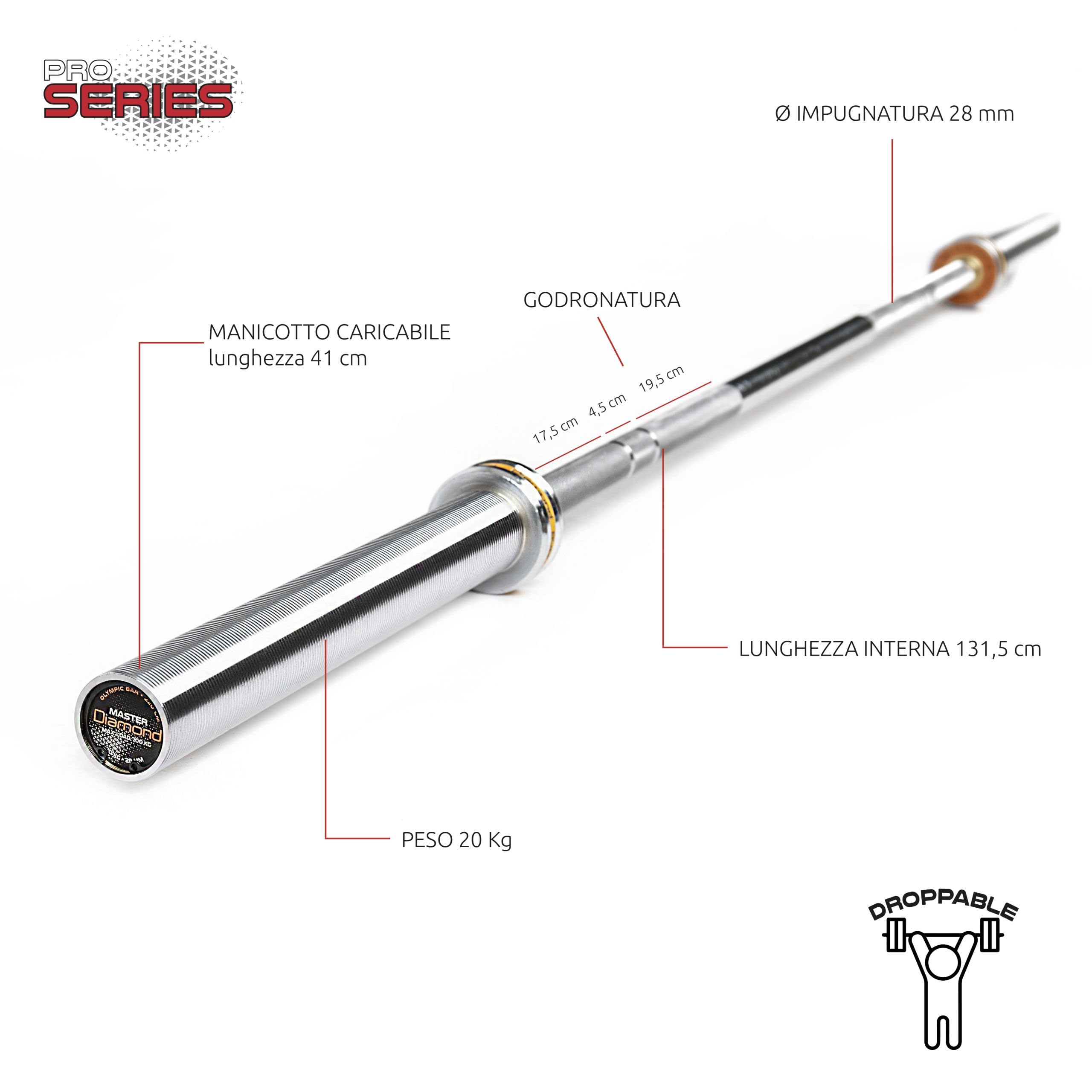 DIAMOND Bilanciere Olimpico Professionale Per Competizione e Training Da 220 cm [CARICO MAX DA 450 KG A 1000 KG] Per CrossFit, Squat e Functional Training, Impugnatura Zigrinata