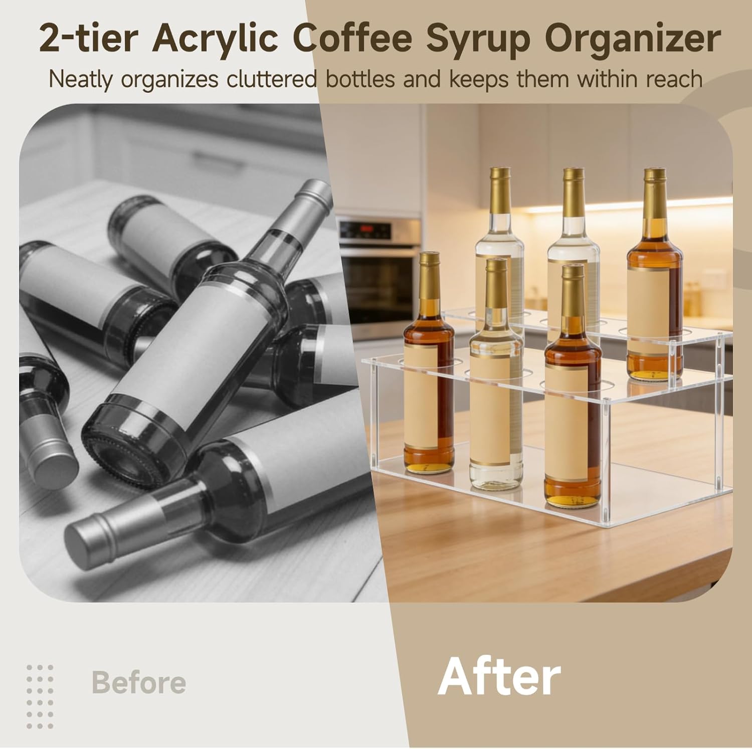 6 Bottle Acrylic Coffee Syrup Organizer, 2-Tier Rack for Wine Condiments, Clear Countertop Step Display for Coffee Bar & Kitchen