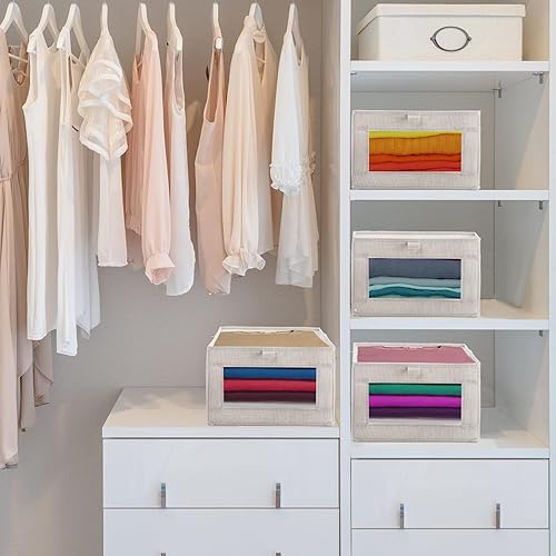 Miniatura 9 de Coloch Paquete de 6 contenedores de almacenamiento de lino con ventana transparente, caja de almacenamiento plegable para armario, organizador de