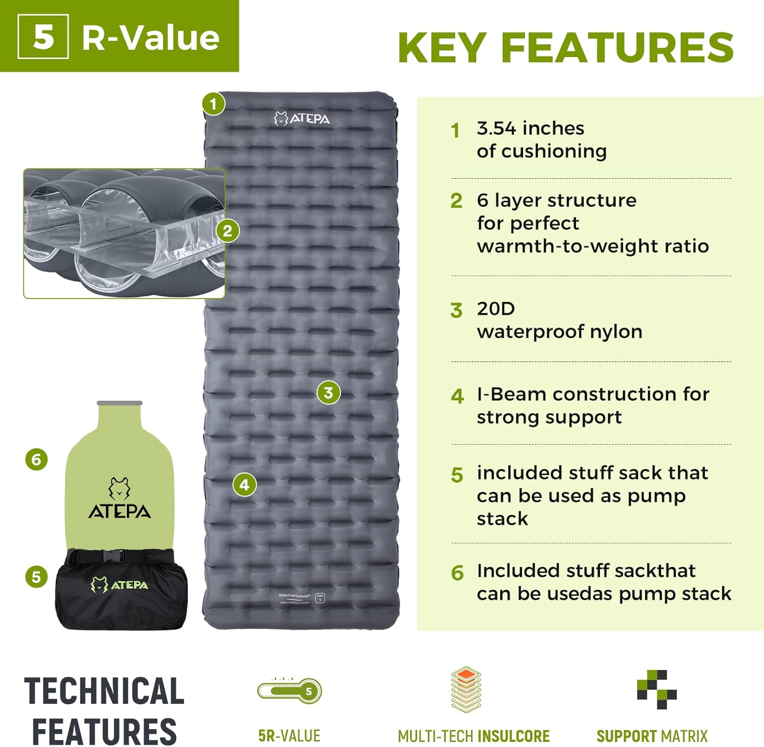 ATEPA ThermAir Backpacking Inflatable Sleeping Pad, 5 R-Value Insulated Ultralight Portable Sleeping Pad Thick Camping Mat with Pump Sack for Camping Backpacking Tent, Wide Long Size 71.65"x24.41"