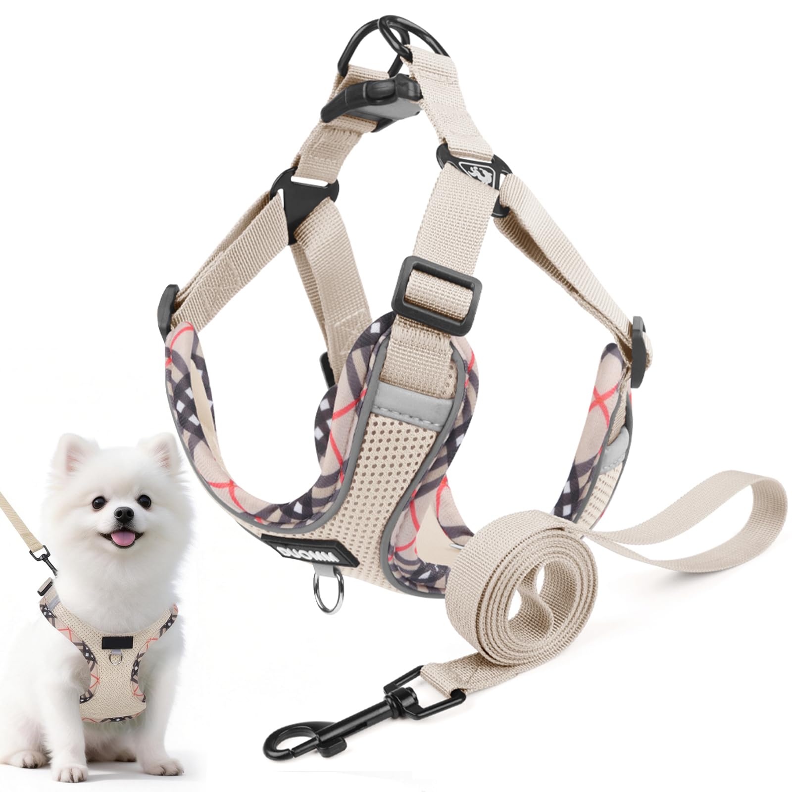 Dog Harness and Lead Set, No Pull Adjustable Reflective Puppy Harness, Escape Proof Vest Harness with Soft Mesh, Lightweight Breathable Pet Vest for Small Medium Dogs, for Training Walking (Beige, L)