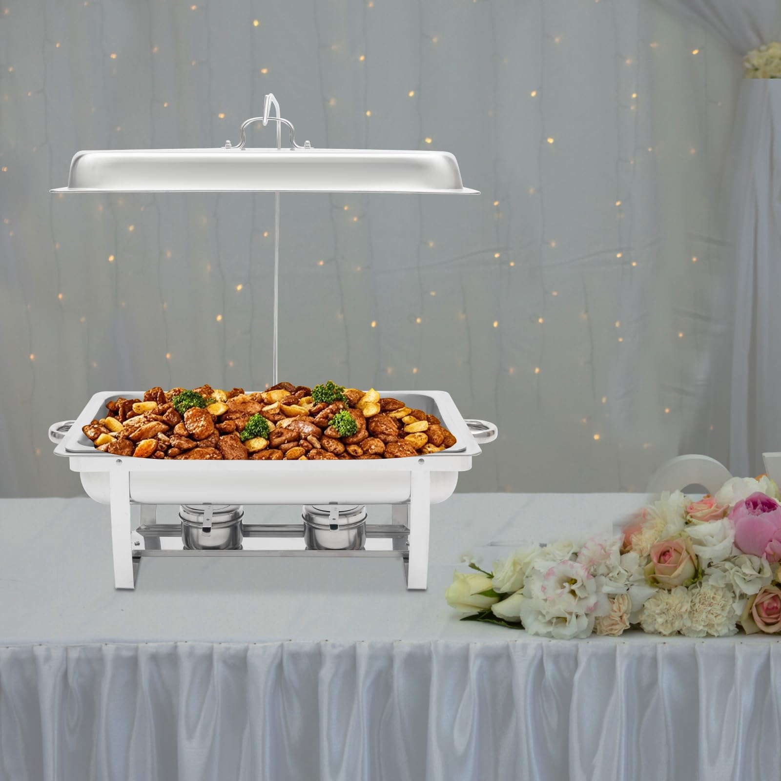 Serbatoio per cibo, scalda 7 l, rettangolare, per catering, con coperchio rimovibile e ferri da appendere, scaldavivande Chafing Dish per alimenti, scalda buffet, argento