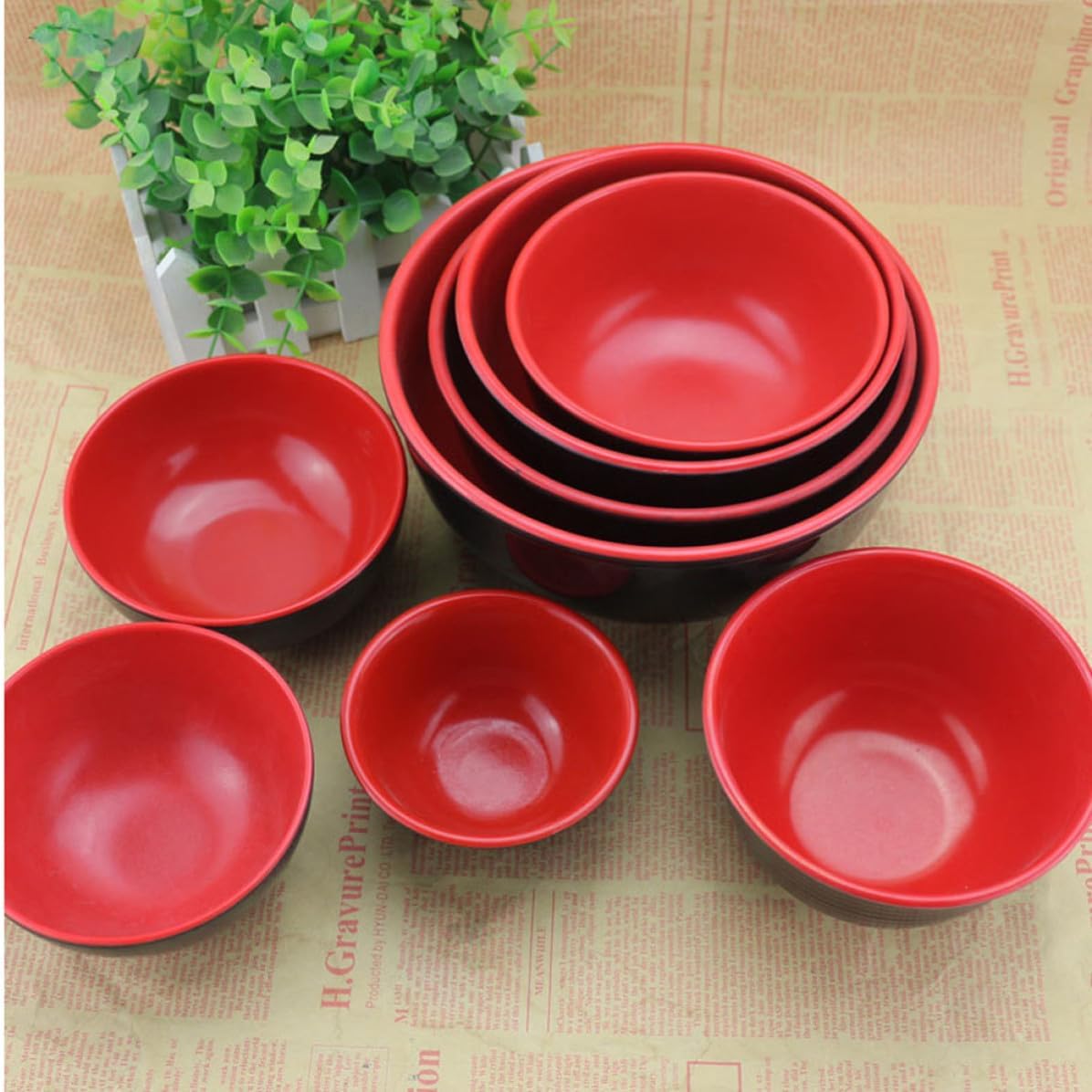 2 Pcs Ml Melamine Soup Bowl D5008 Black Red Anti-fall