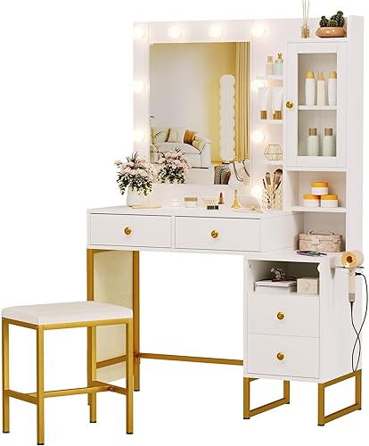 Miniatura 15 de NUNU LAB Tocador de maquillaje con espejo y luces, mesa de tocador blanca con estación de carga, tocador de maquillaje con gabinetes RGB y 7 2-043