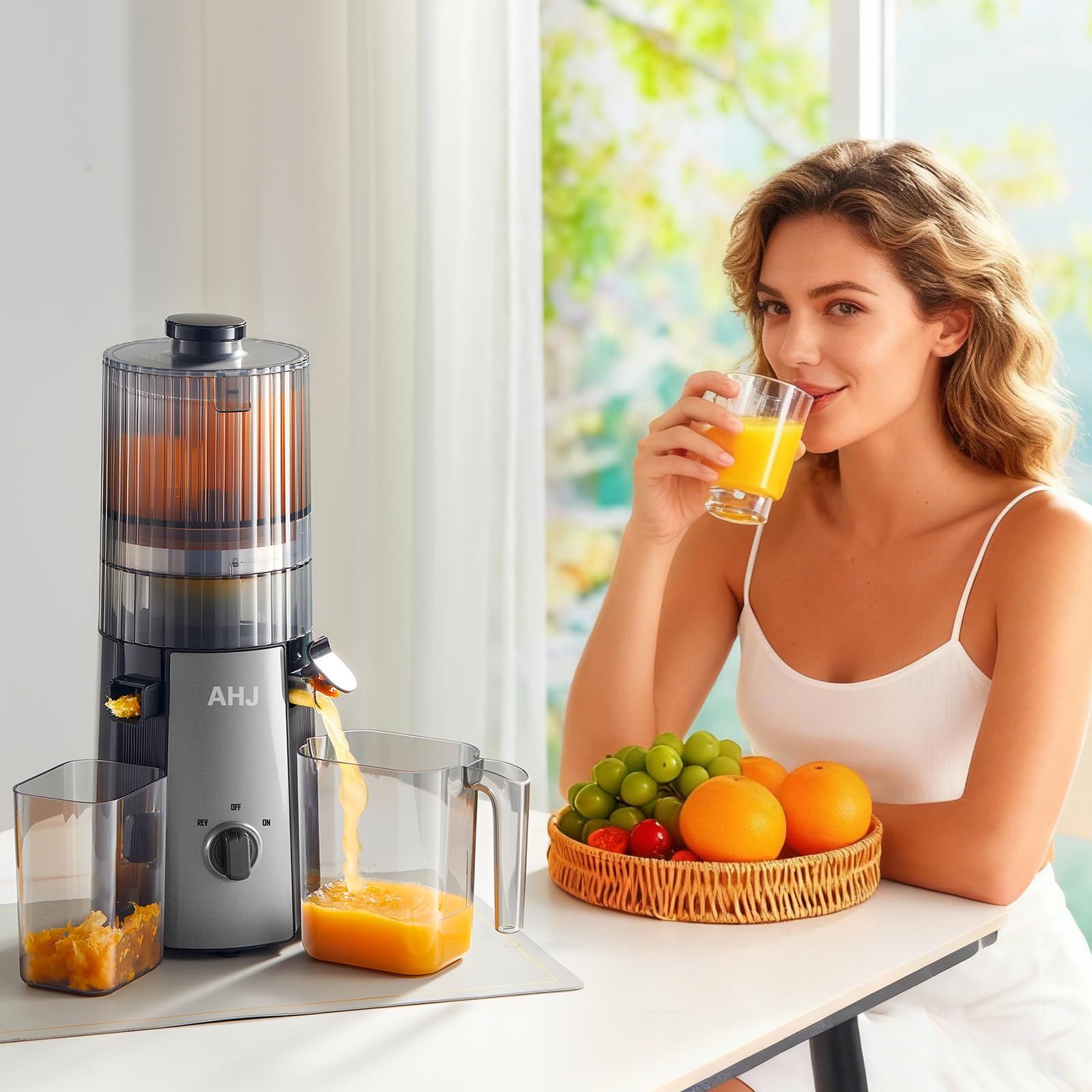 AHJ Entsafter Slow Juicer, 135mm Große Einfüllöffnung,100% BPA-frei, Kaltentsafter für Ganzes Obst & Gemüse, Einfach zu Reinigen,2 Trinkgläser Inklusive, Ideal als Hochzeits- und Geburtstagsgeschenk