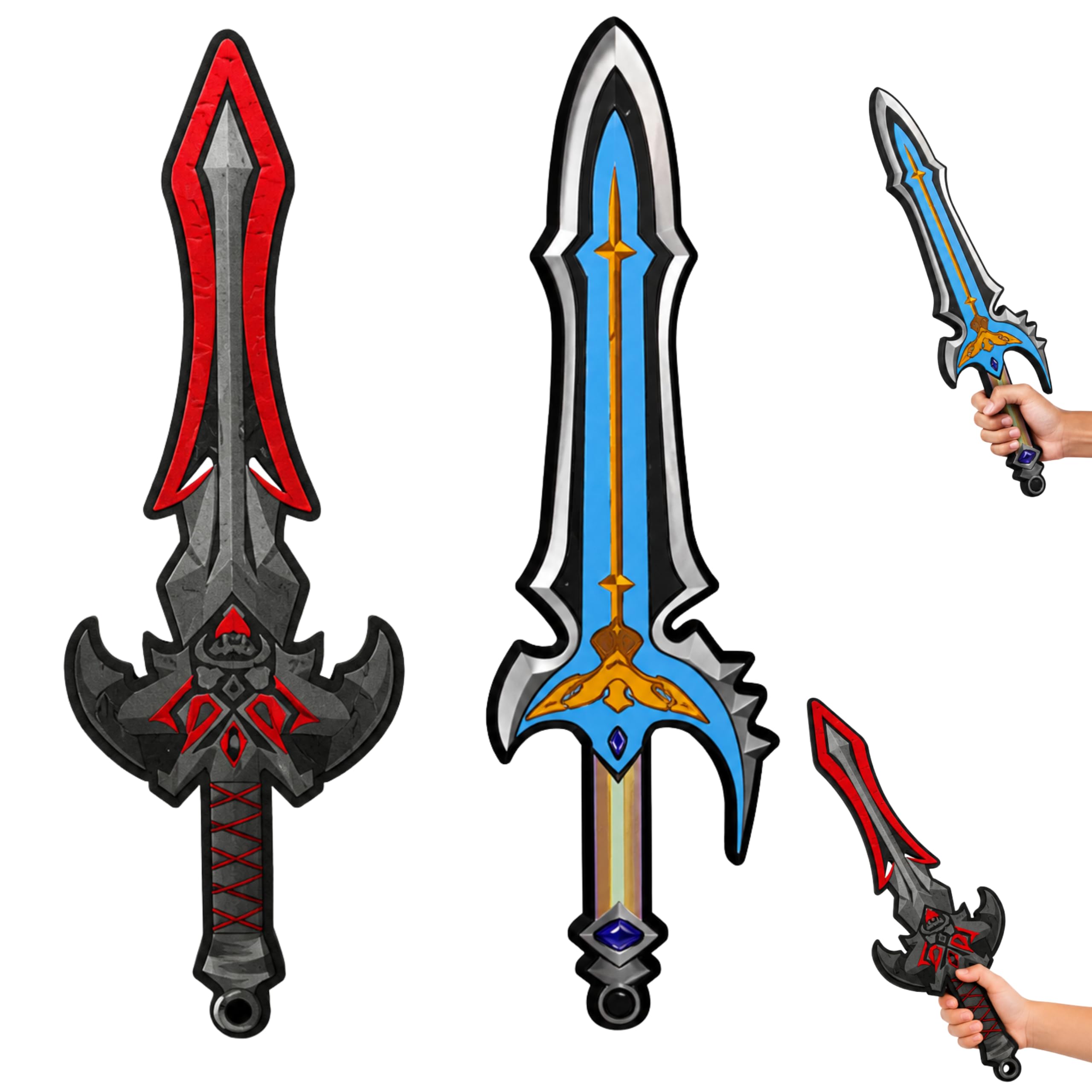 Red Warrior & Blue Knight Foam Sword Set, 2 Pack Fancy Dress Accessories, Soft Lightweight EVA Toy Swords for Kids Pretend Play, Costume Parties & Role Play - 49cm