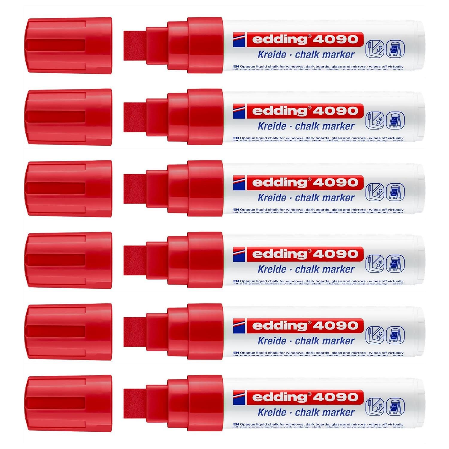 Edding Set mit 6 flüssigen Kreidemarkern 4090, Glas, Fenster, Schiefer, Rot, abgeschrägte Spitze, 4 – 15 mm
