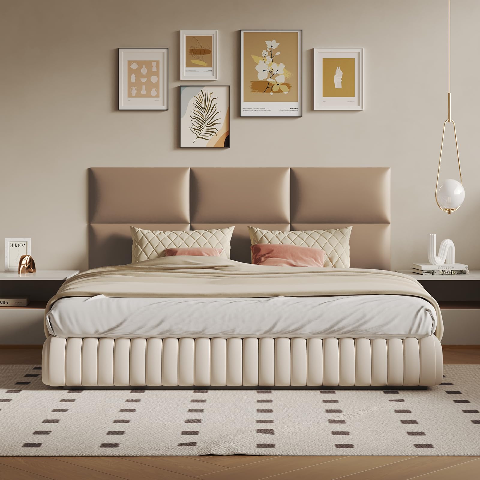 Wall-Mounted Upholstered Headboard Panels, Light Brown Faux Leather, 24x12 Inches, Pack of 6 – DIY Soundproof Accent Wall Panels for Queen, King, or Full Beds, Easy to Clean and Install