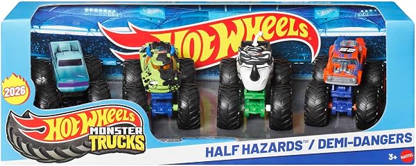 Hot Wheels - Set 4 Monster Trucks, confezione da quattro veicoli in scala 1:64 con ruote giganti e design da urlo, ispirati ai personaggi della serie, 3+ anni, JJT67 - 1