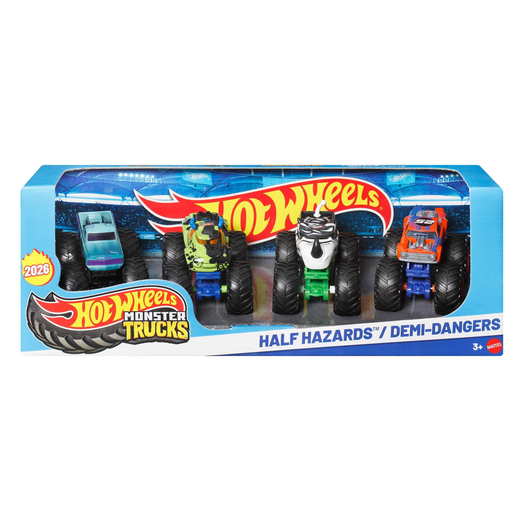 Hot Wheels - Set 4 Monster Trucks, confezione da quattro veicoli in scala 1:64 con ruote giganti e design da urlo, ispirati ai personaggi della serie, 3+ anni, JJT67 - 1