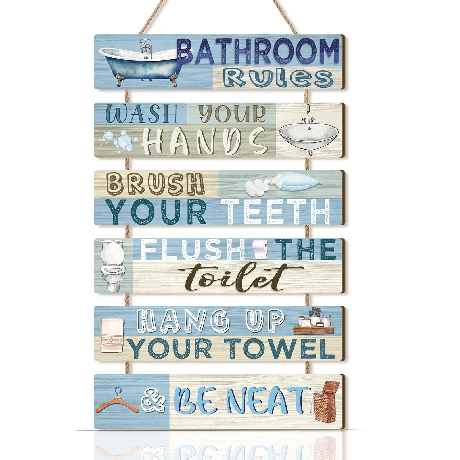 ANHUIB Bathroom Rules Wooden Sign Blue Bathroom Hanging Wall Art Wash Your Hands Plaque Toilet Rules Wooden Sign Brush Your Teeth Rustic Hanging Wood Plauqe Toilet Pictures for Walls Decoration — image 1