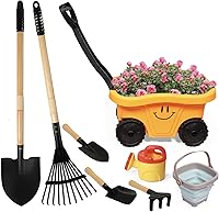 Vista 8 de 7 herramientas de jardinería para niños, pala larga, rastrillo para hojas, pala, azada, cabezas de acero y mango de madera real, herramientas