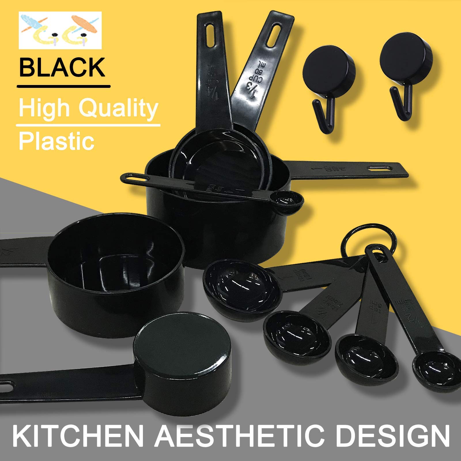 XGiGiX BLACK Measuring Cups and Measuring Spoons Set of 10pcs, Minimalist modern Cups, Included 2 pcs Kitchen Tool Hook Up. (BLACK)