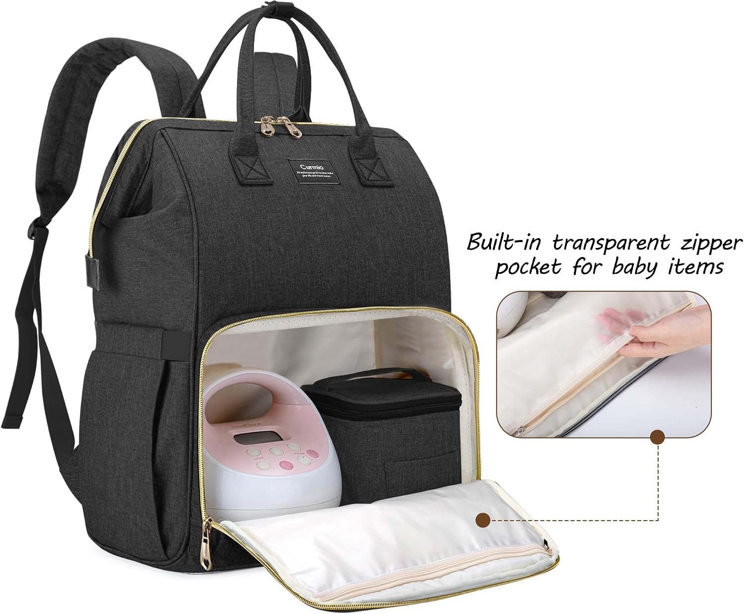 CURMIO Breast Pump Bag Backpack Compatible for Spectra S1, S2, Medela, Pumping Tote with Compartment for Cooler Bag, with Padded Laptop Sleeve for Working Moms, Black