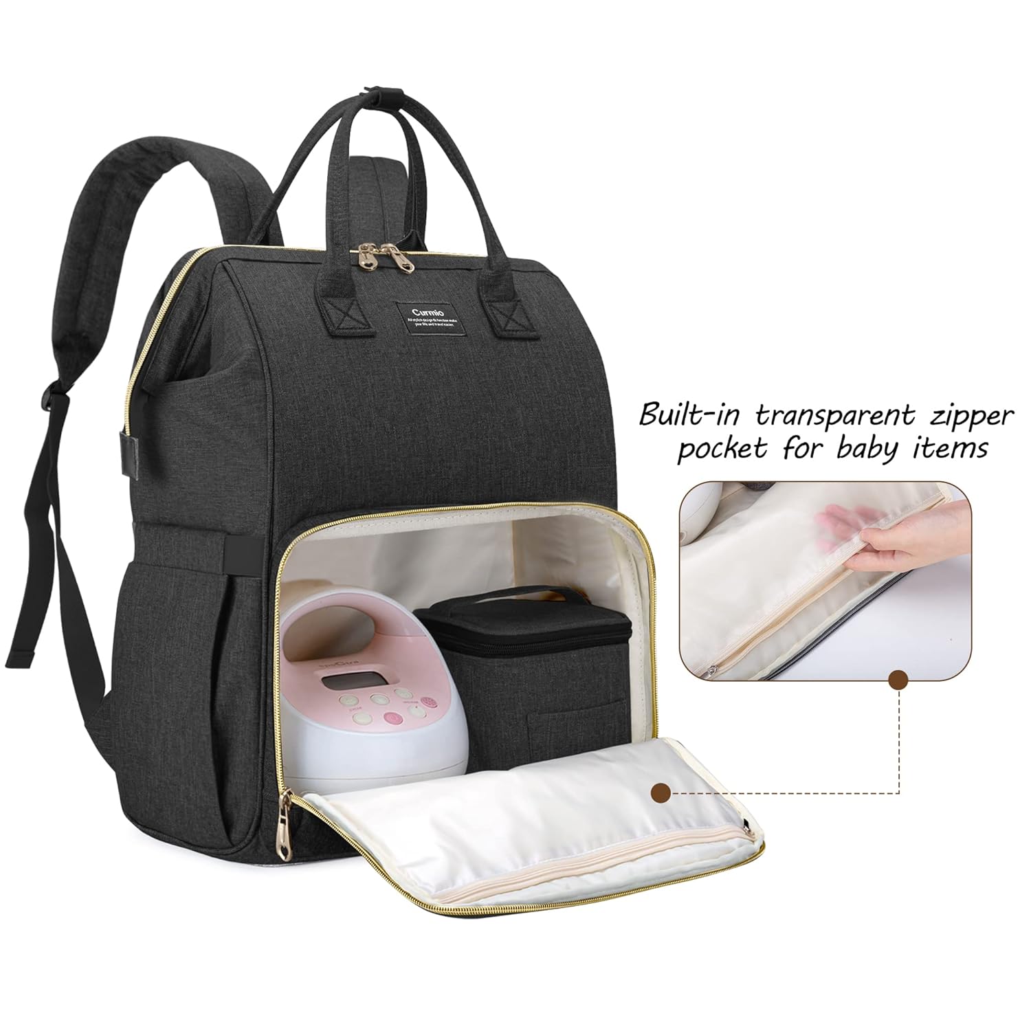 CURMIO Breast Pump Bag Backpack Compatible for Spectra S1, S2, Medela, Pumping Tote with Compartment for Cooler Bag, with Padded Laptop Sleeve for Working Moms, Black - Image 3