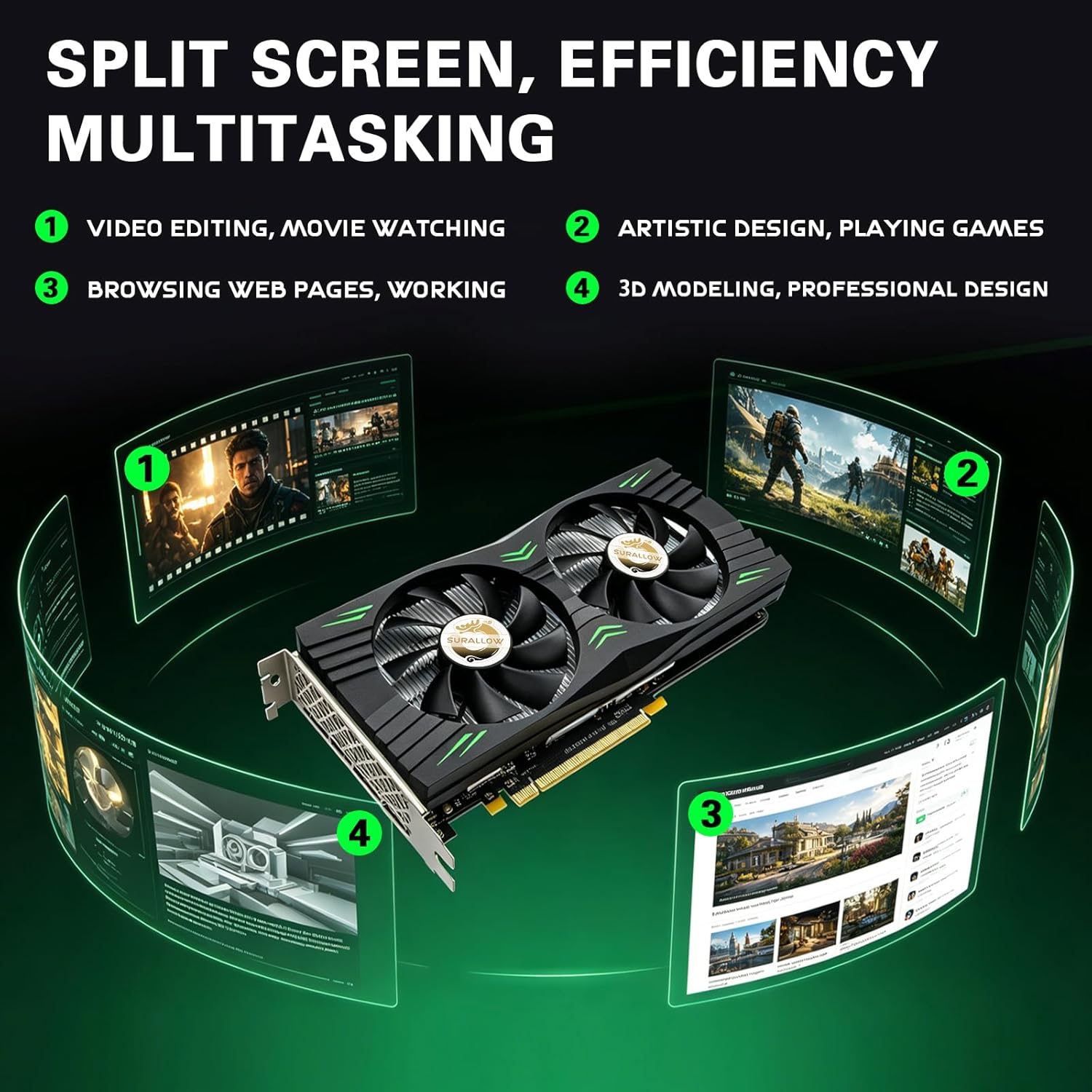 SURALLOW RX 580 Graphics Card 8GB 2048SP, GDDR5, 256 Bit, Pc Gaming Video Card, 3*DP, HDMI, PCI Express 3.0 with Freeze Fan Stop for Desktop Computer GPU for Gaming PC