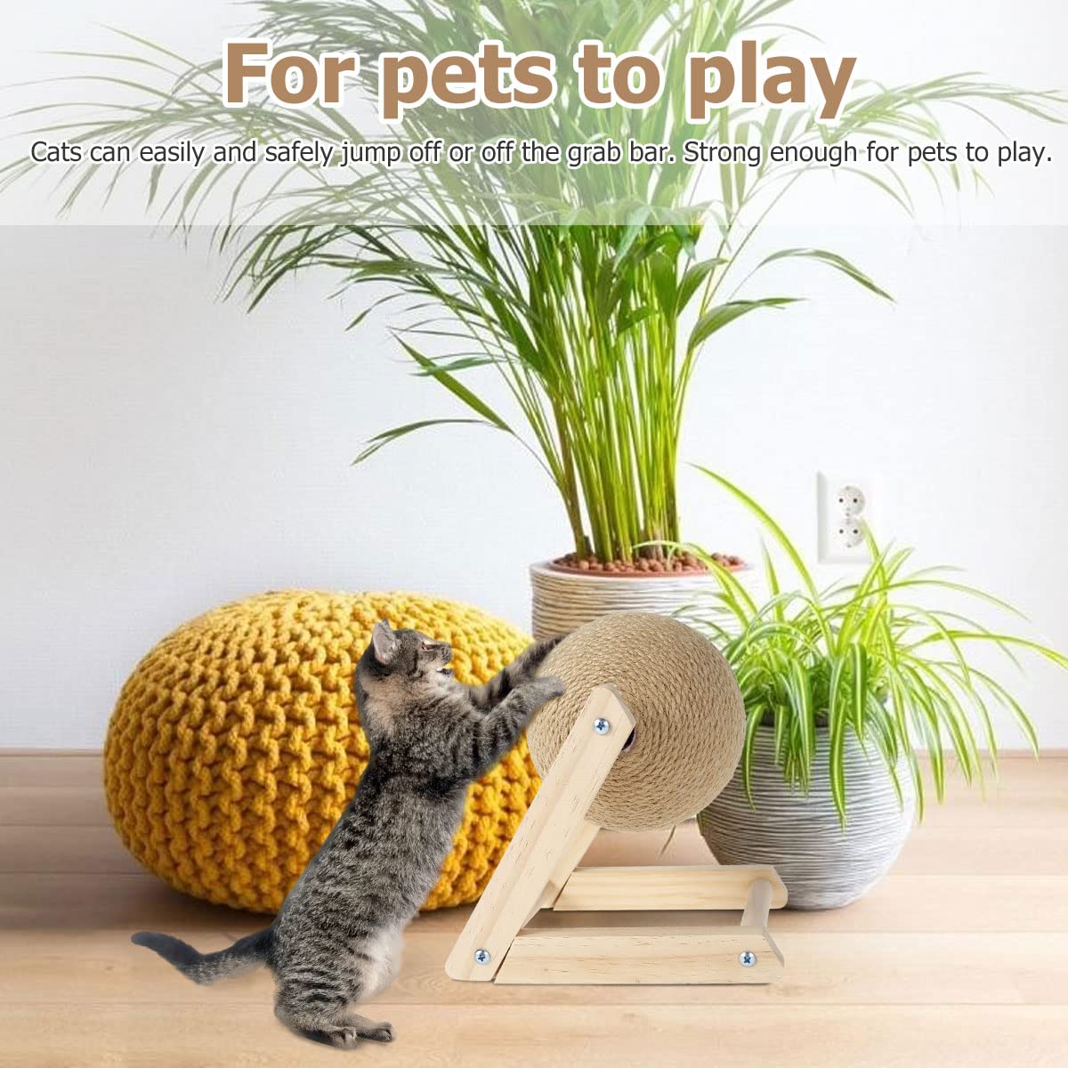 Foppla Cat Scratcher Sisal Scratching Ball & Sturdy Solid Wood Post with Rotatable Ball, 7x7x6.3 Inch - Image 3