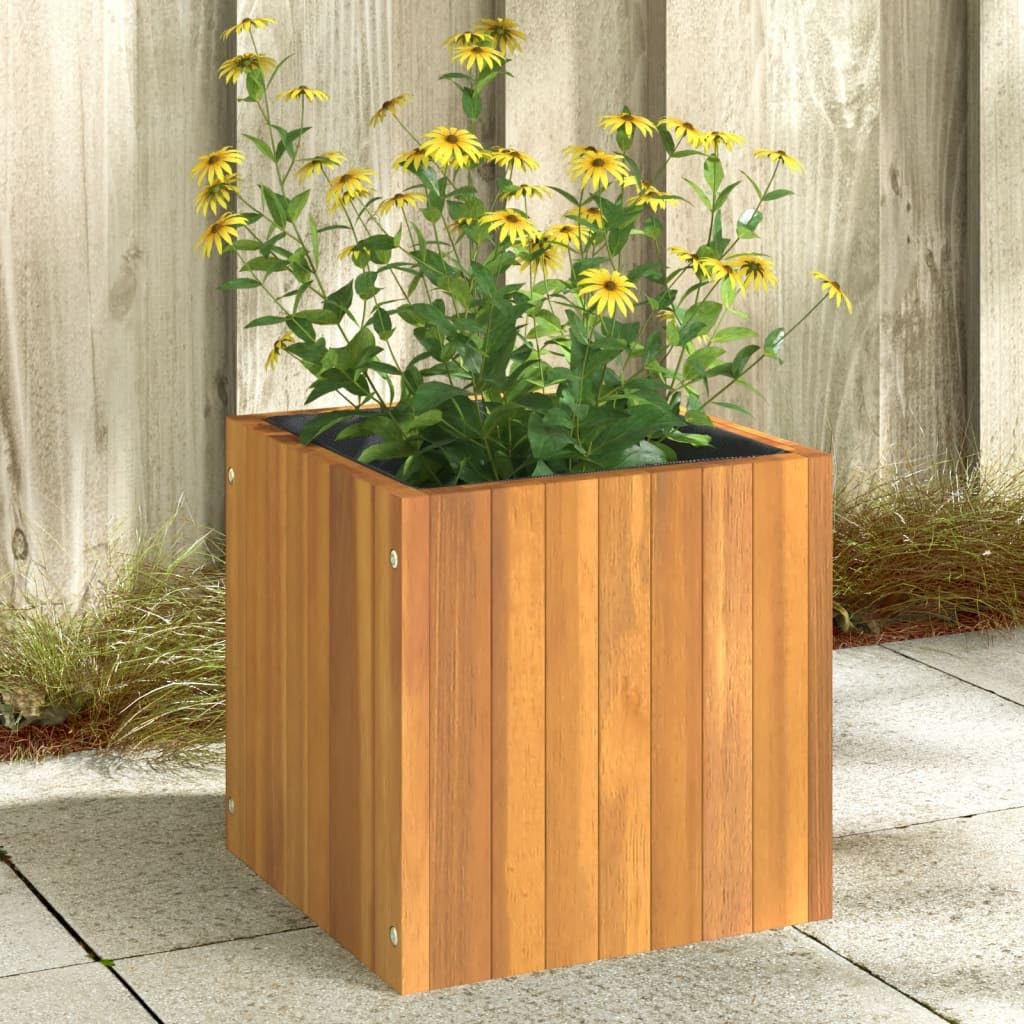 Pflanzkübel aus massiver Akazie 35 x 35 x 35 cm mit Vliesbeutel, Blumen Topf für drinnen draußen, Pflanz Gefäß für Balkon, Terrasse, Fensterbank und Deko