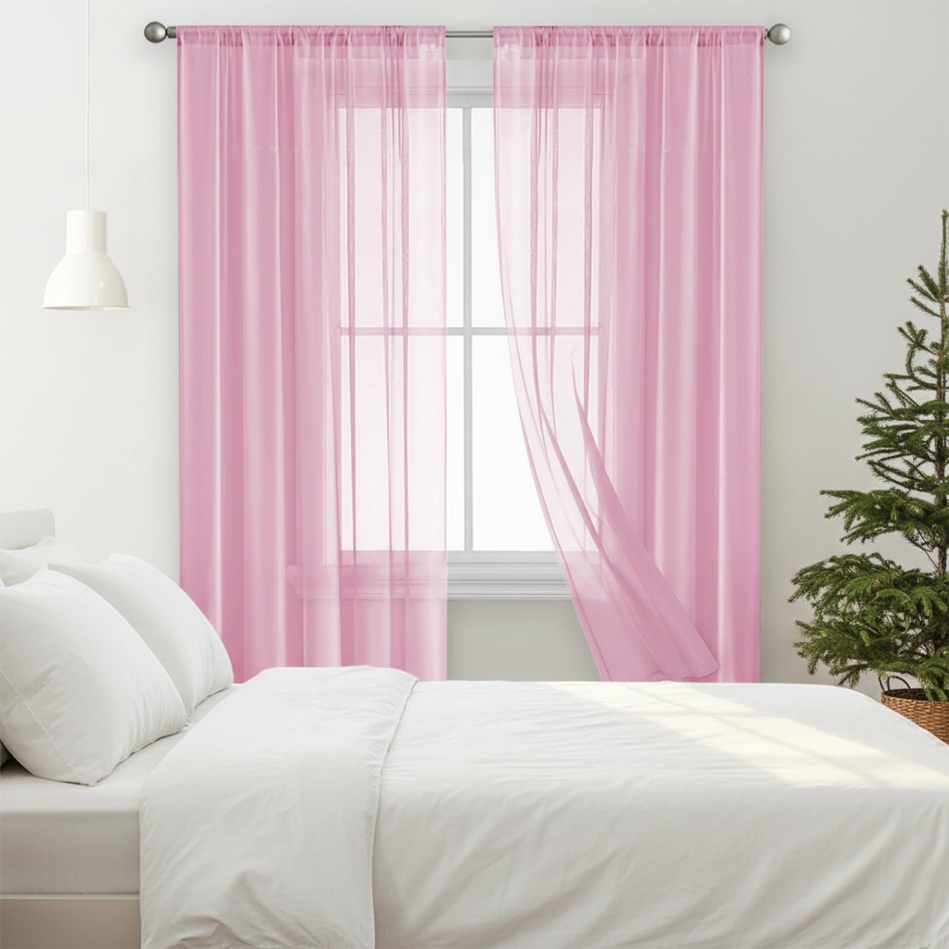 AMZYU Voile Curtains 2 Panels 260 x 195 cm Light Filtering Sheer Window Curtains Wrinkle Resistant Solid Colour, Privacy Protected for Bedroom and Kitchen, Pink