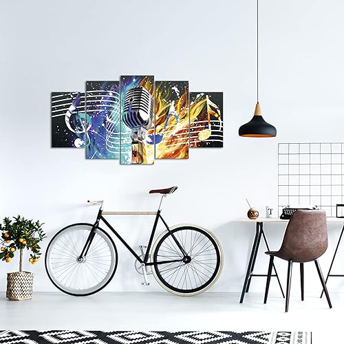 Miniatura 2 de Canvbay Lienzo musical de 5 paneles para pared, impresión de micrófono sobre lienzo, nota musical, pintura de acuarela, obra de arte para el hogar,