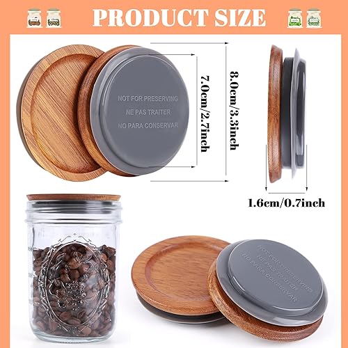 Miniatura 2 de Paquete de 6 tapas para tarros de conservas de madera de acacia de boca ancha, tapas de madera de bambú con sello de silicona hermético, color marrón