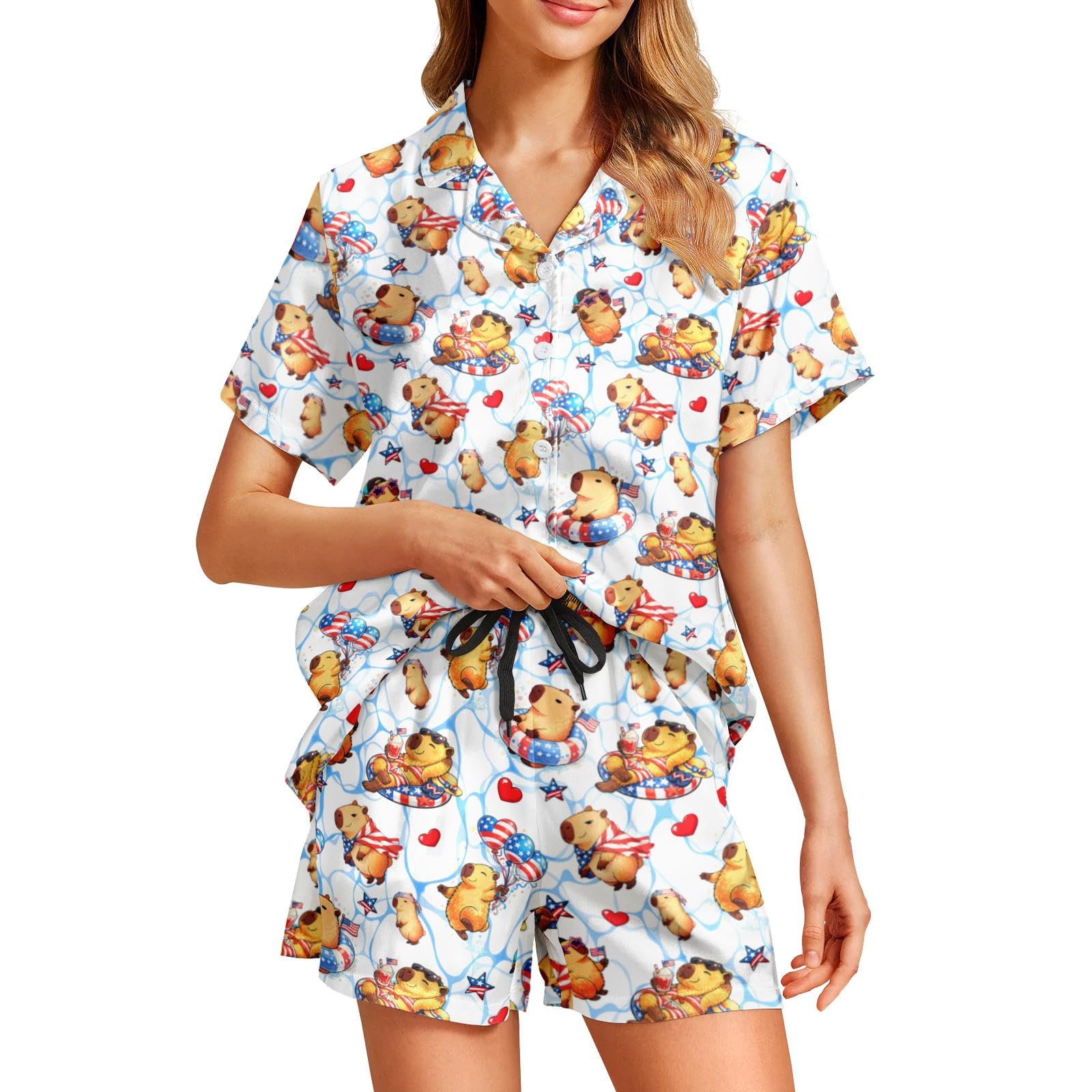 Funny Pajamas for Women Set Print Satin Loungewear Pjs Short Sleeve Button Down Top and Shorts Sets Sleepwear XS-3XL
