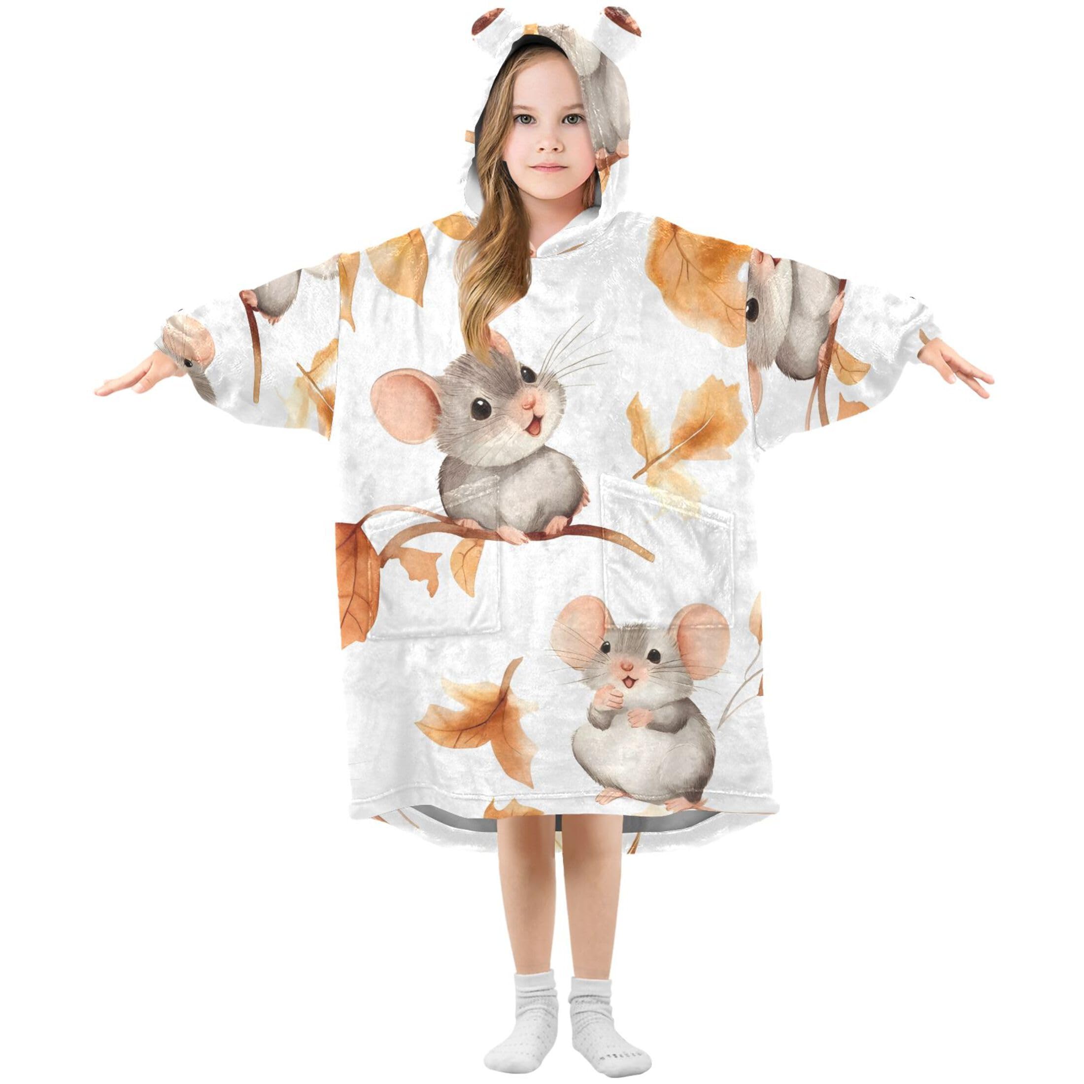Sevdomey Watercolor Mouse Wearable Blankets for Kids Boy Girl, Hoodie Double-Layer Blanket Oversized Sweatshirt