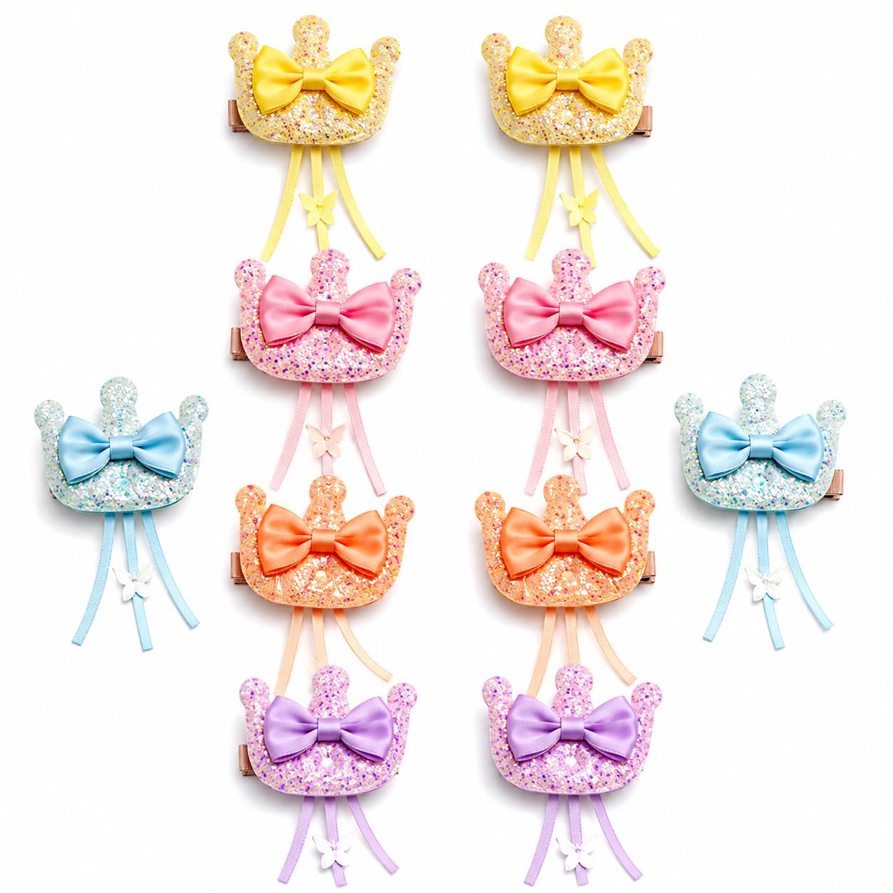 Krivya Kids Glitter Crown & Princess Ribbon Alligator Hair Clips, 10 Pcs | Non-slip toddler hair accessories with tassel and storage box. Ideal gift for school, birthday, and princess parties.