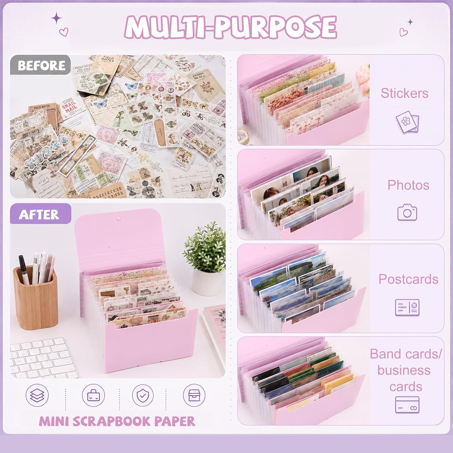 Sinbana Sticker Storage Organizer with 12 Expandable Pockets, A6 Large Capacity Collecting Binder Holder with 2 Label Stickers Album for Scrapbook Paper Washi Tape Journal & Craft Supplies (Purple)