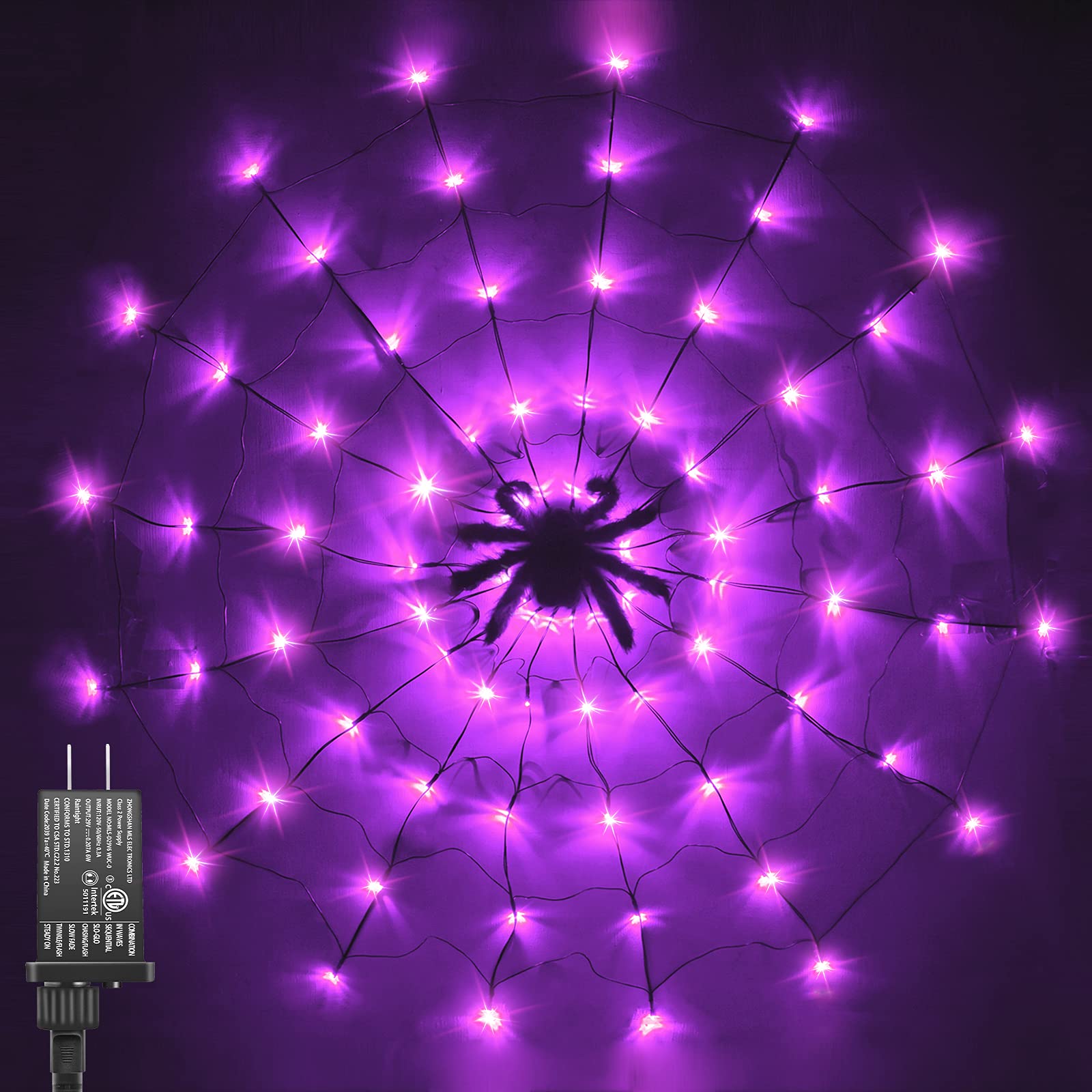 Halloween Spider Web Light with Black Spider, 3.9FT Diameter 80 LED Purple Halloween Lights with 8 Modes, Plug in Halloween Window Lights and Black Spider for Halloween Party Bedroom Bar Haunted House