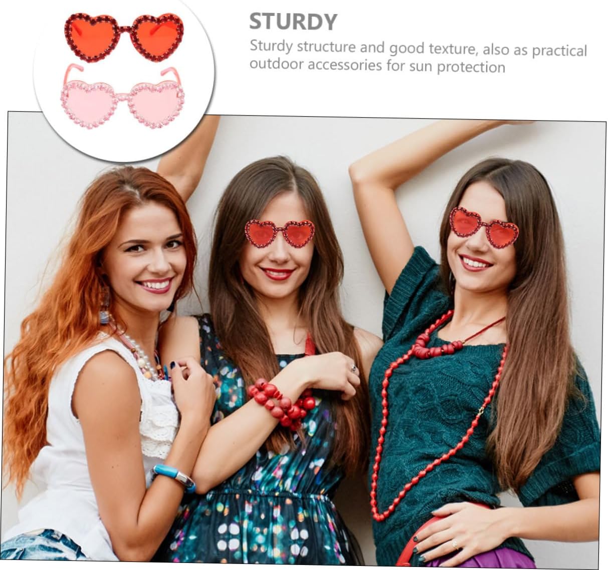 Heart-shaped Rimless Sunglasses 2pcs Red and Pink for Women Valentine’s Day Beach Party Eyewear