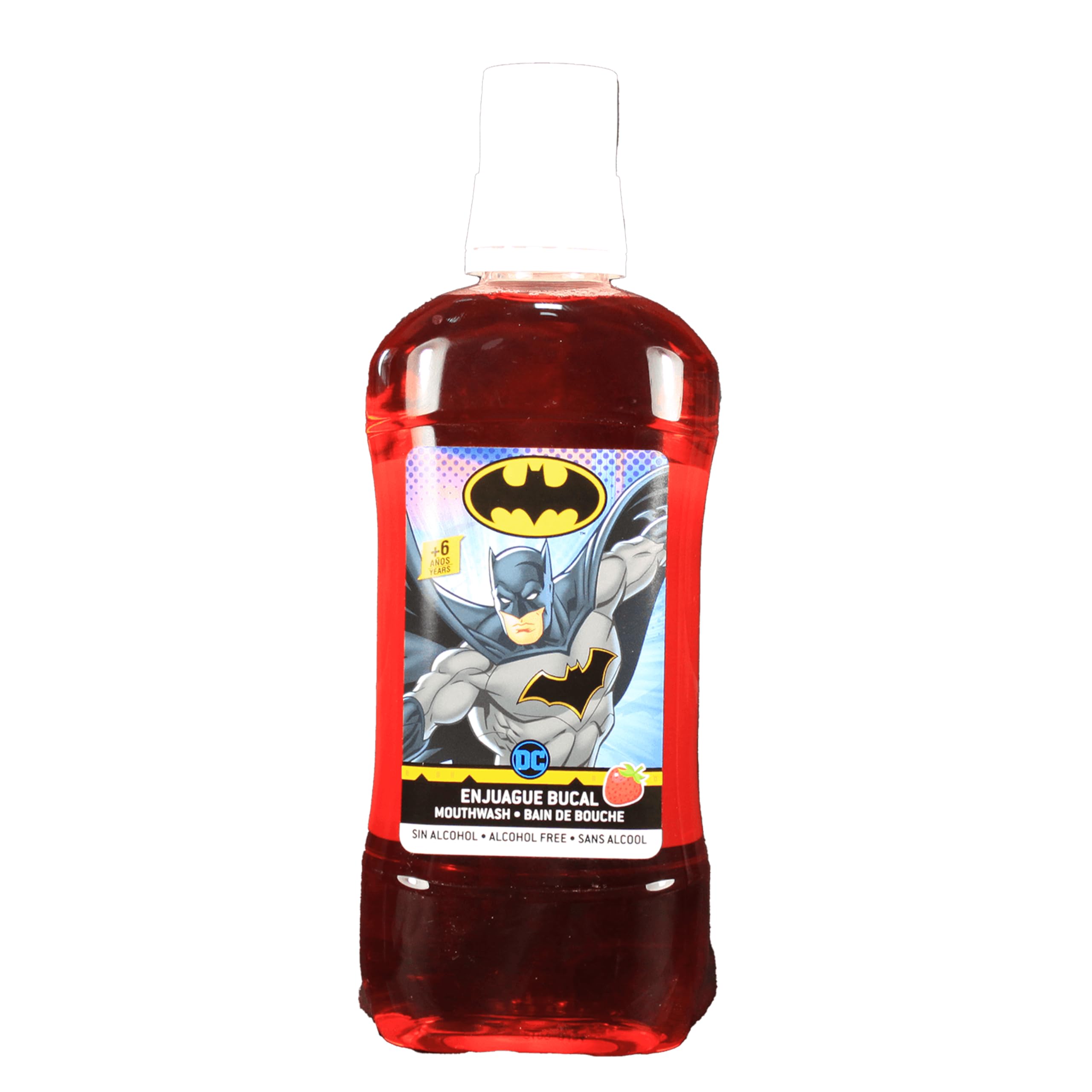 Batman Strawberry Flavoured Mouthwash - Alcohol-Free, Fluoride-Enriched for Stronger Enamel and Cavity Protection - Mouthwash for Adults and Children Aged 6+, 500ml