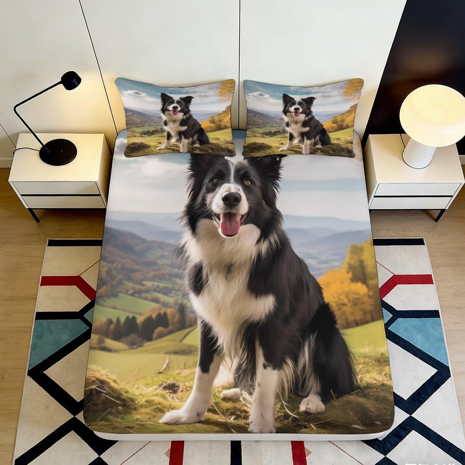 3D Printed Border Collie Landscape Fitted Sheet Microfiber Soft Mattress Cover for Bedroom Guest Room Protection Decor 90x200x25cm