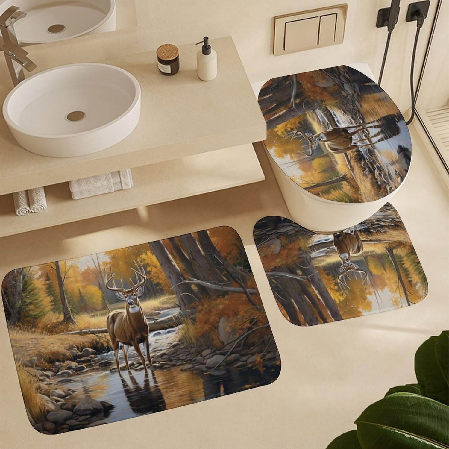 Country Rustic Deer Shower Curtain Sets with Rug, Toilet Lid Cover and Bath Mat, Wild Animals Vintage Shower Curtains with 12 Hooks Waterproof 4 Piece Bathroom Decor Set