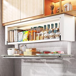 Aluminum Under-Shelf Organizer with Drop Down Spice Rack Sensor Light, USB Charging, Wall Cabinet Mount, for Pantry Cupboard