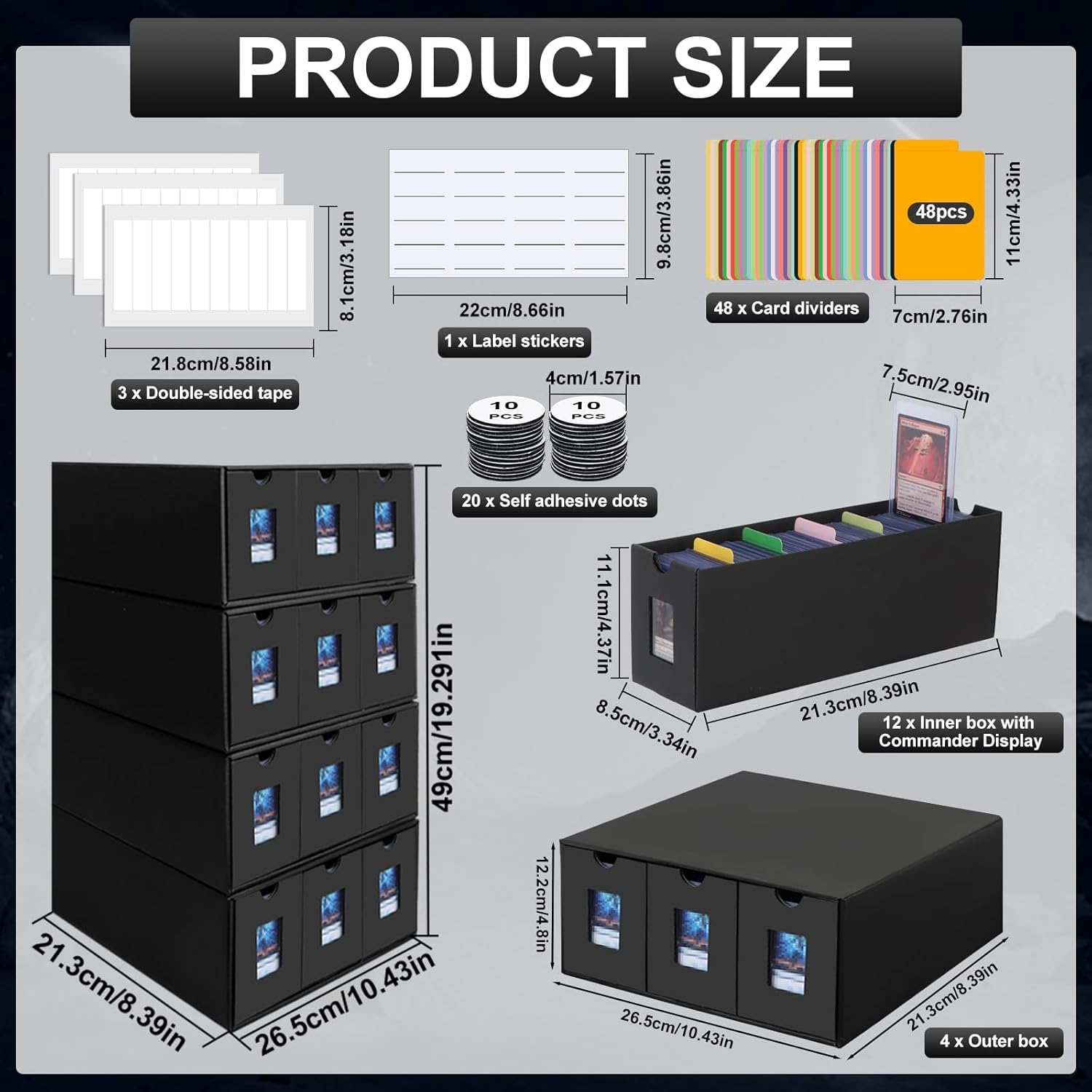 Color Black 7200  Card Storage Box, 1300  Toploader Storage Box for Commander Display,with 48 Dividers, Labels & Tapes,Fit for TCG, PTCG, MTG