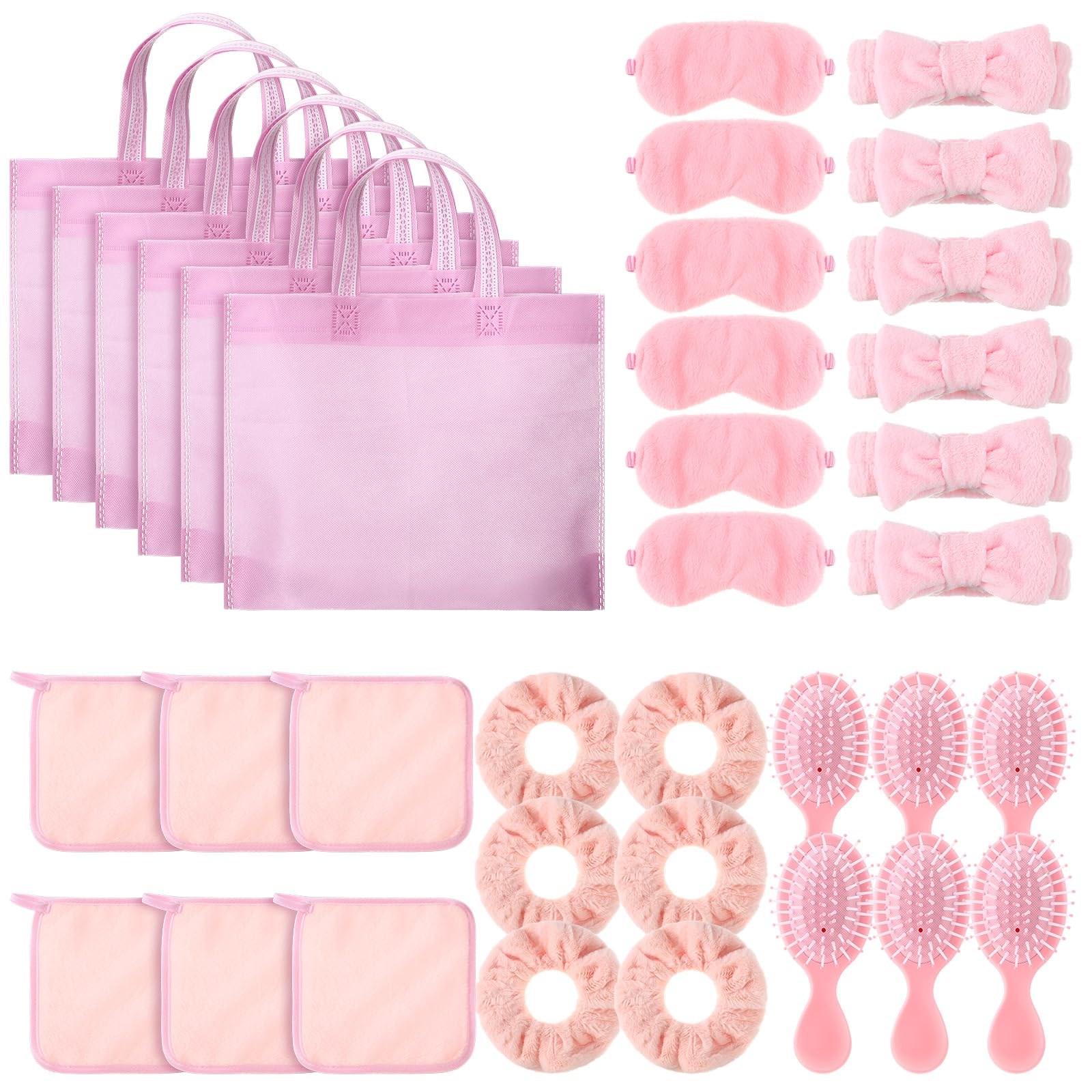 Hoteam 36 piezas de suministros de fiesta de pijamas para mujeres, diadema para el cuidado de la piel, máscara de ojos, coletero para el cabello, bolsa de mano, paños de lavado, cepillo para el pelo,