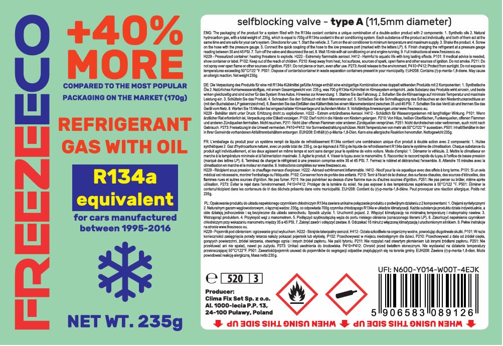 Refrigerante di ricambio r134a per condizionatori auto, 2 lattine 2 in 1, 235 g + tubo di pressione con manometro