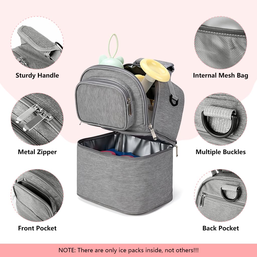 Zibuyu® Breastmilk Storage Bag with Ice Pack, Double Layer Breastmilk Warmer Insulated Bag with Strap, Fits 6 Ounces Bottles, Waterproof Breast Mommy Diaper Backpack Bento Box Backpack, Grey 2