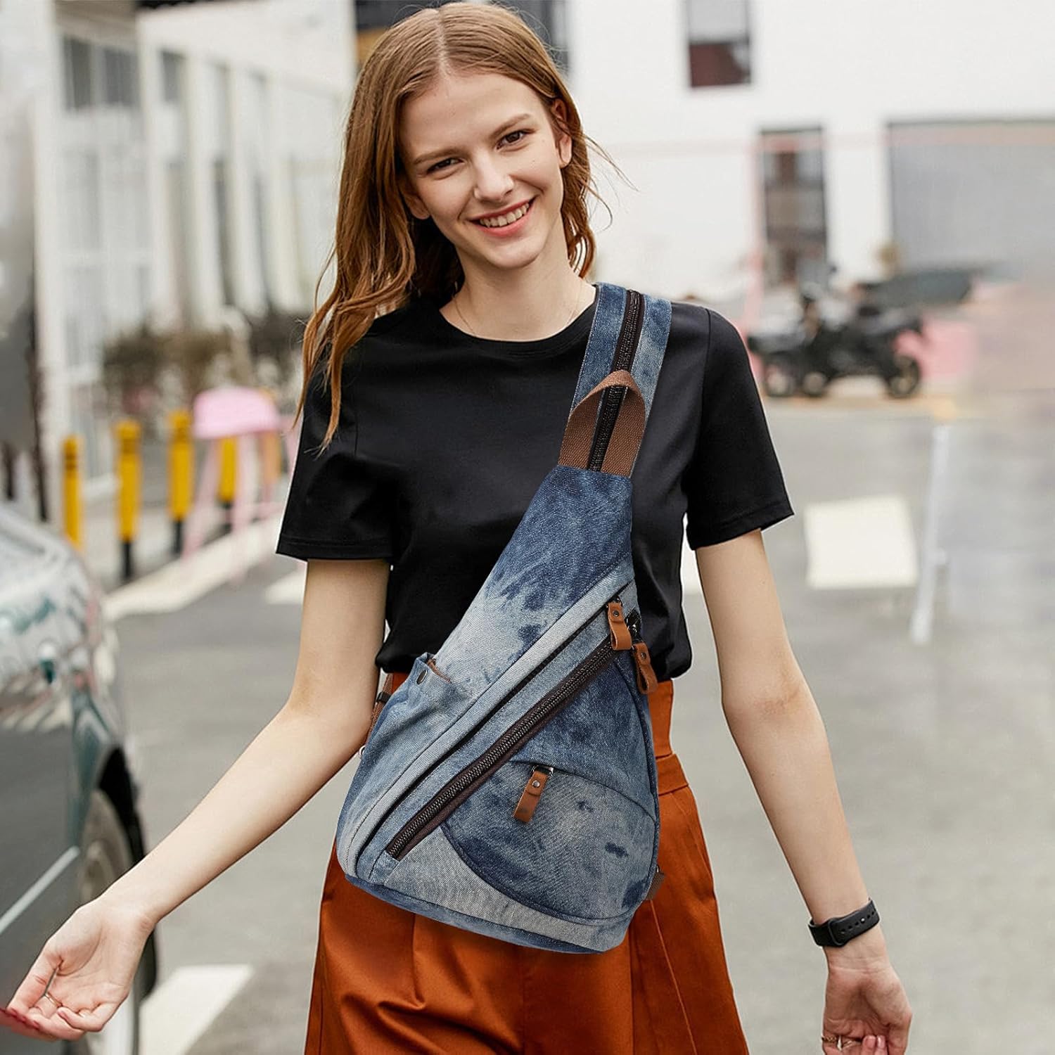 KL928 Canvas Sling Bag - Small Crossbody Backpack Shoulder Casual Daypack Rucksack for Men Women(Blue-white Washed) - Image 7