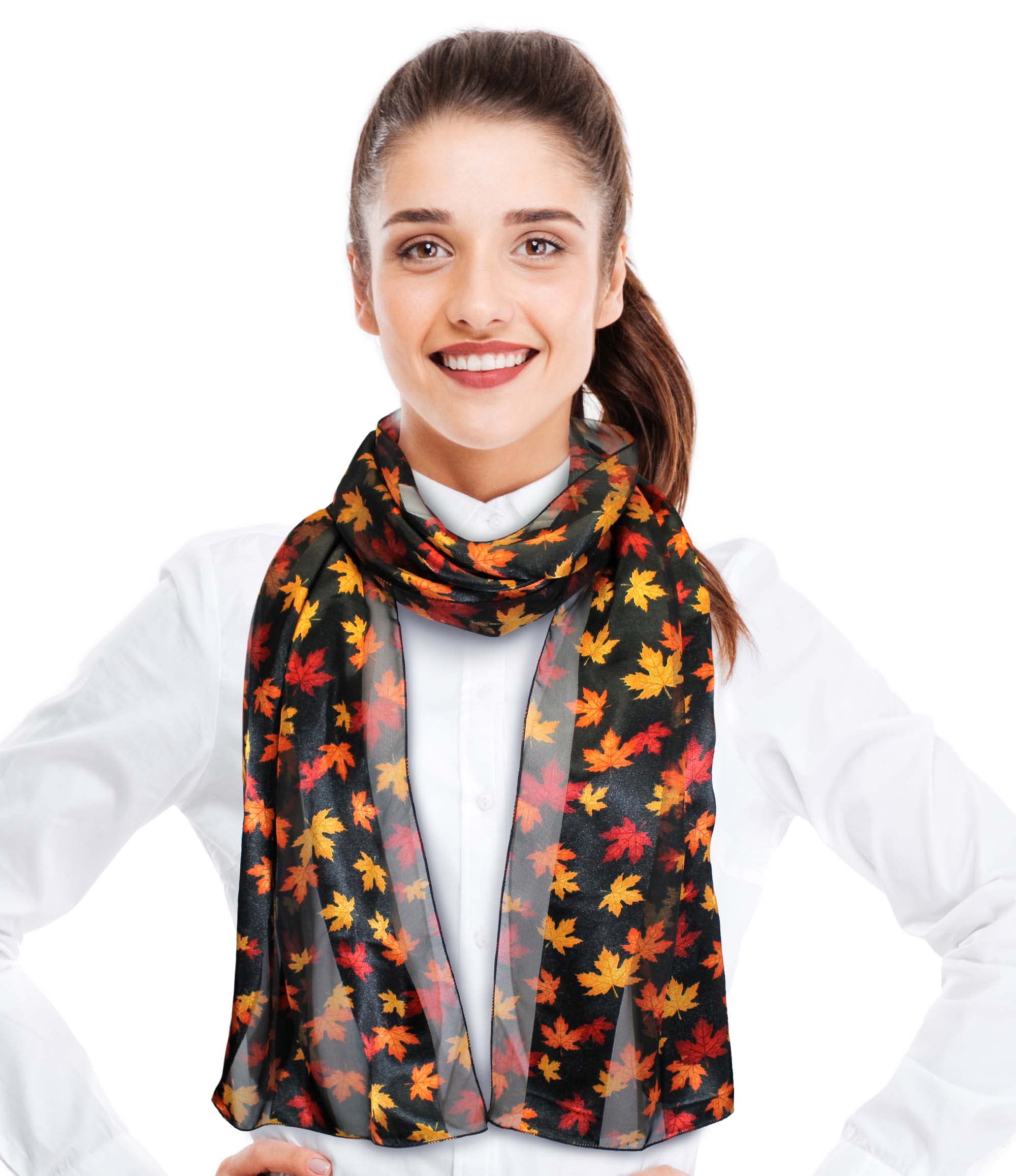 CBC Crown Autumn Fall Leaves Leaf Pattern Silky Feel Scarf 13"x60" or 35"x35", Small Maple Leaves - Bk - 13"x60", One Size