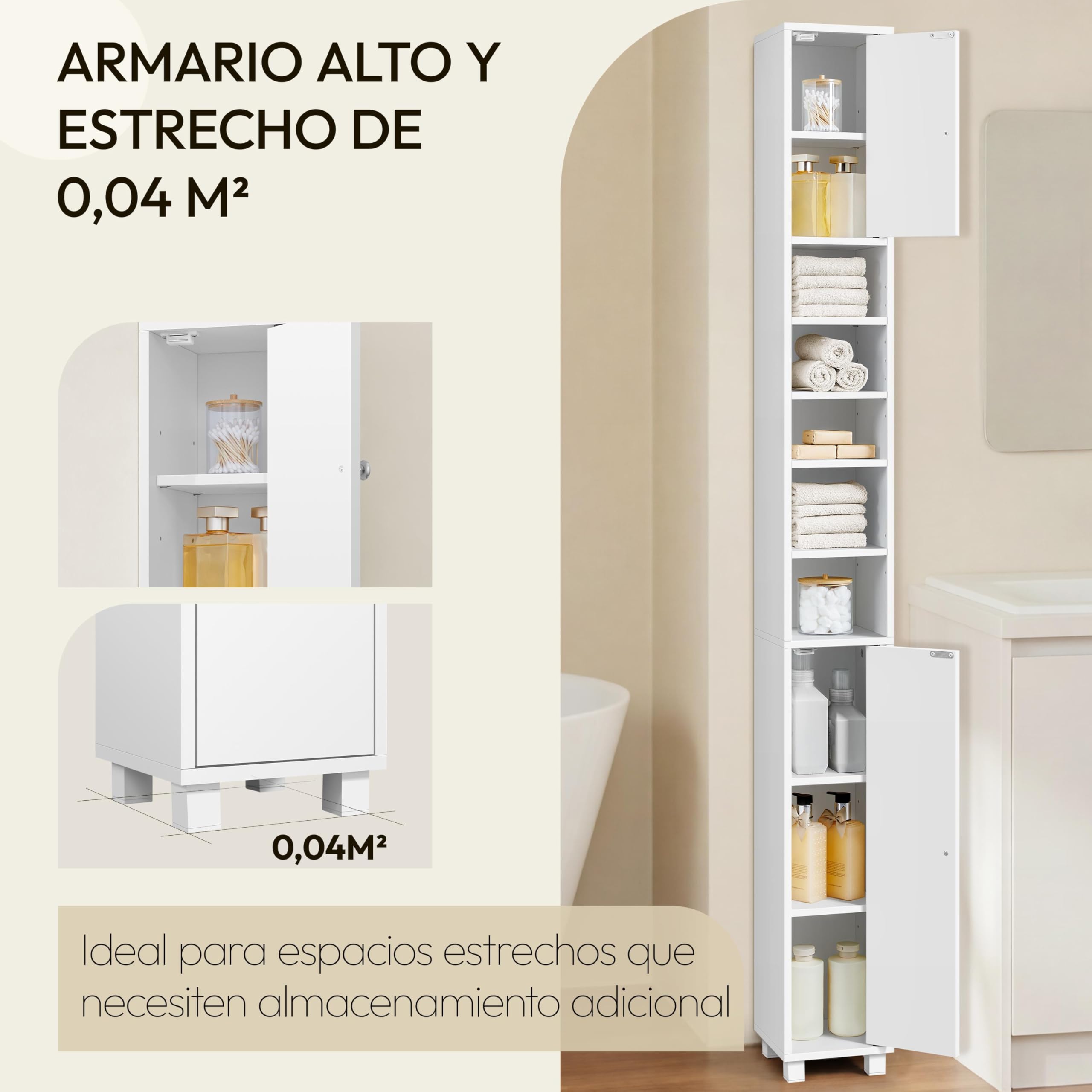 Yaheetech Mueble Columna de Baño Estrecho, Estanterías con 2 Puertas, Estantes Ajustables Espacio Abierto, Mueble Auxiliar de Almacenaje para Salón Dormitorio, 20x20x180cm, Blanco