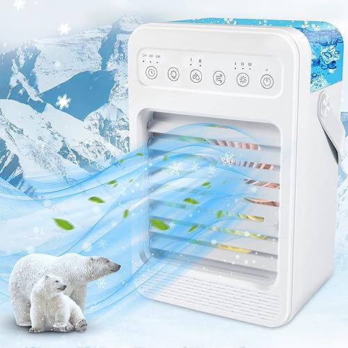 Aire acondicionado portátil, enfriador de aire personal alimentado por USB de 4 velocidades, enfriador de aire evaporativo de 20.3 fl oz y luz de 7