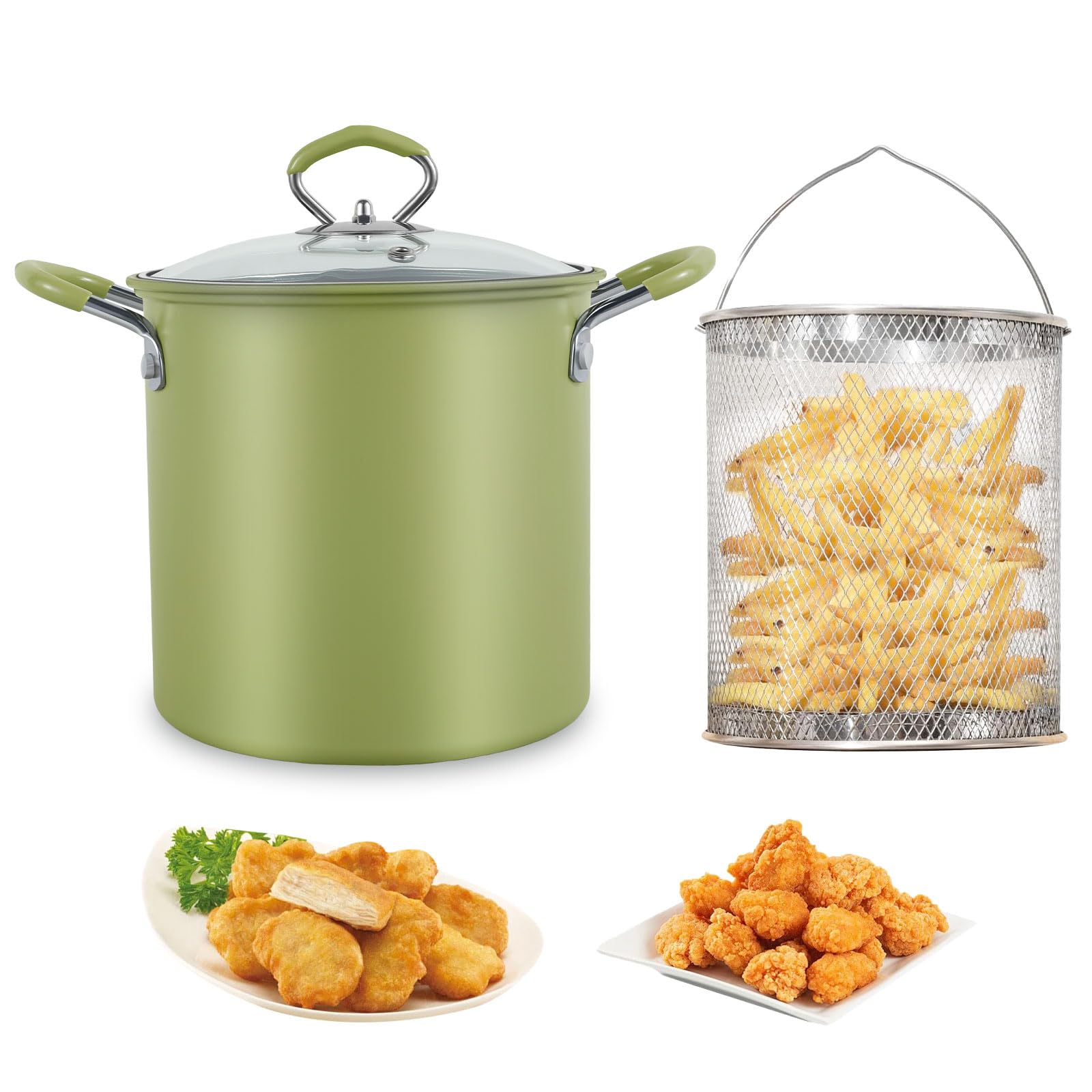 Olla freidora de 3 litros con cesta, tapa, asas de silicona de doble cara, acero inoxidable para papas fritas, pollo, verduras, huevos, pasta (verde)