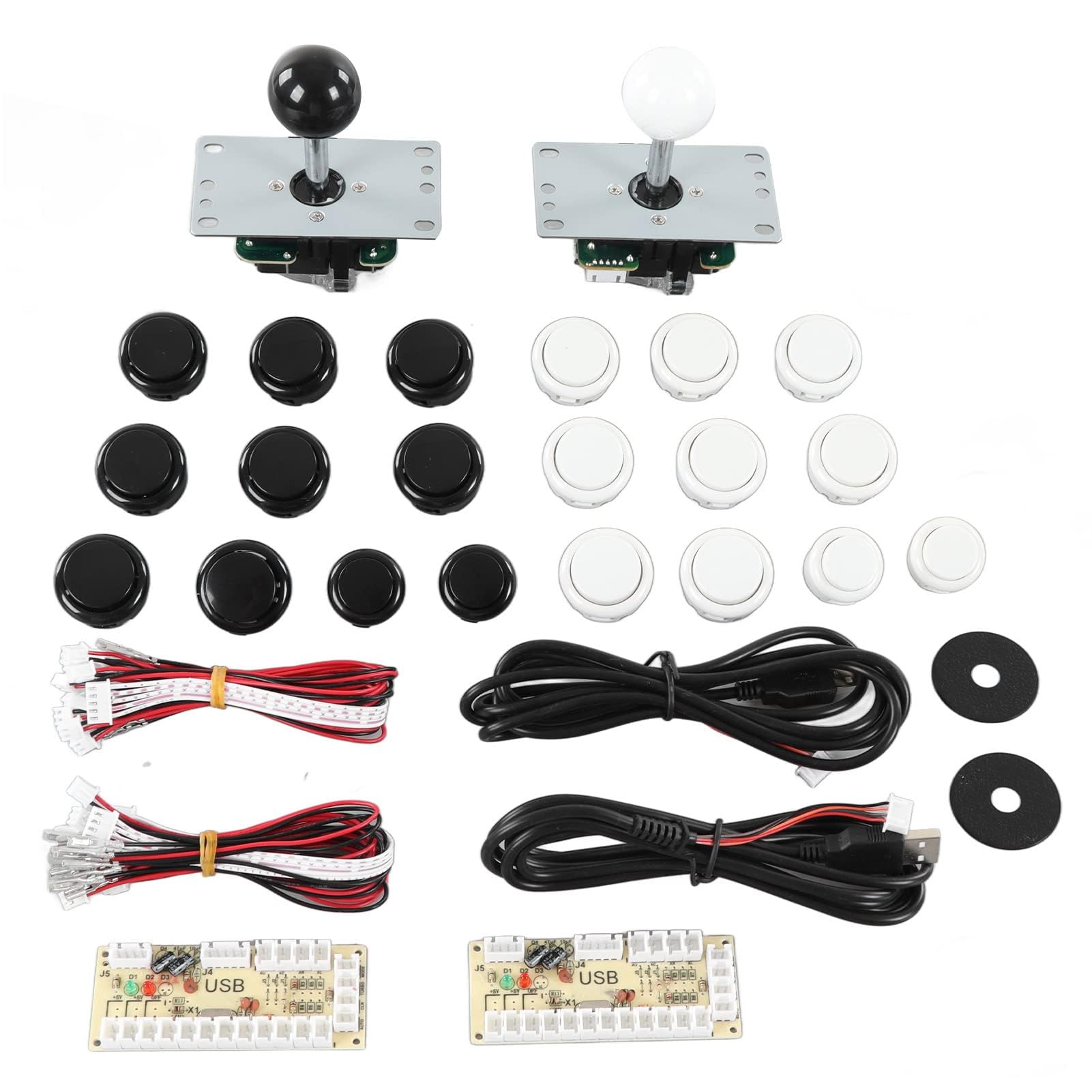 HERCHR 2 Giocatori Giochi Arcade Fai-da-Te Encoder Joystick Pulsanti Arcade Set 2 Maniglie Joystick Ovali Ellipse 20 Pulsanti Arcade(Nero+Bianco)