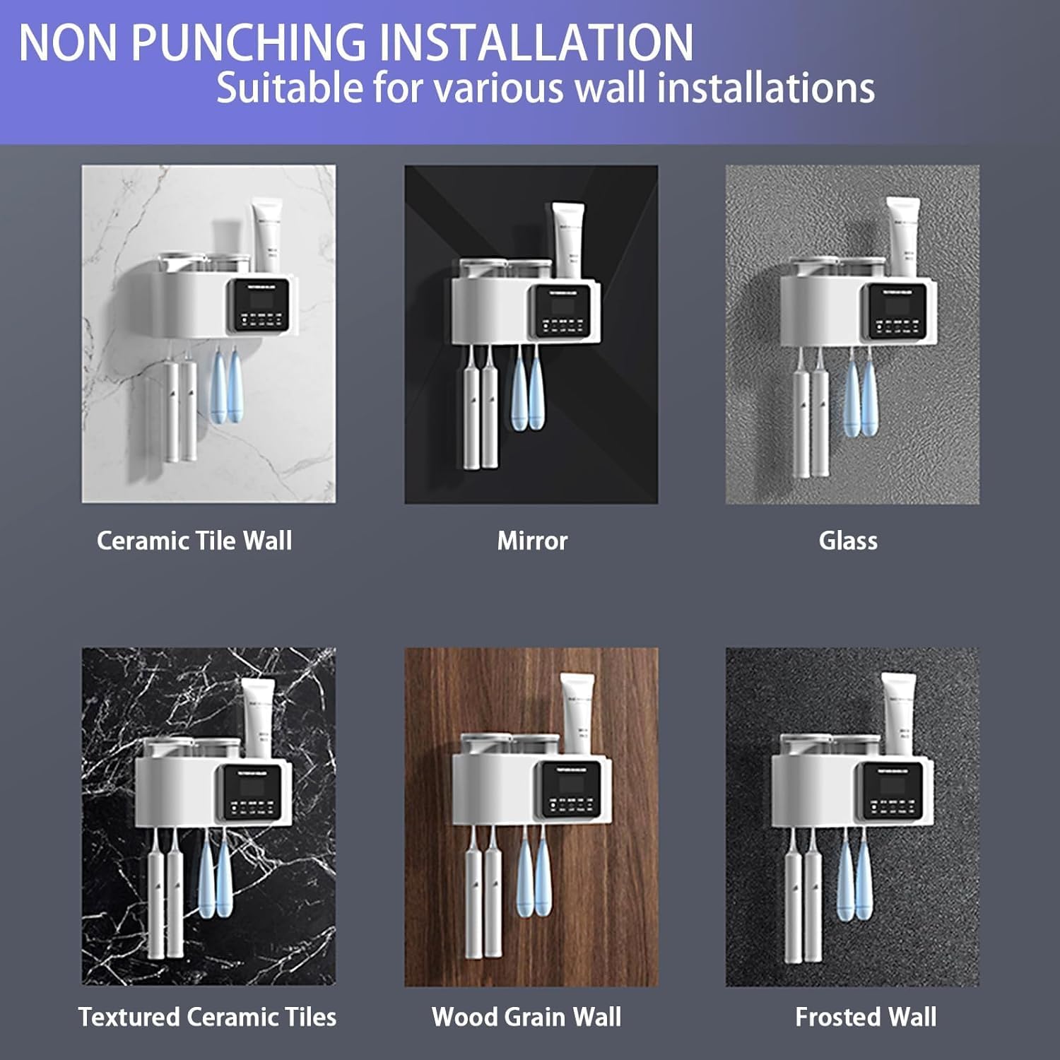 Soporte inteligente para cepillos de dientes para baños, soportes para cepillos de dientes eléctricos con carga solar, soporte para cepillo de dientes montado en la pared con 2 tazas y 4 ranuras para