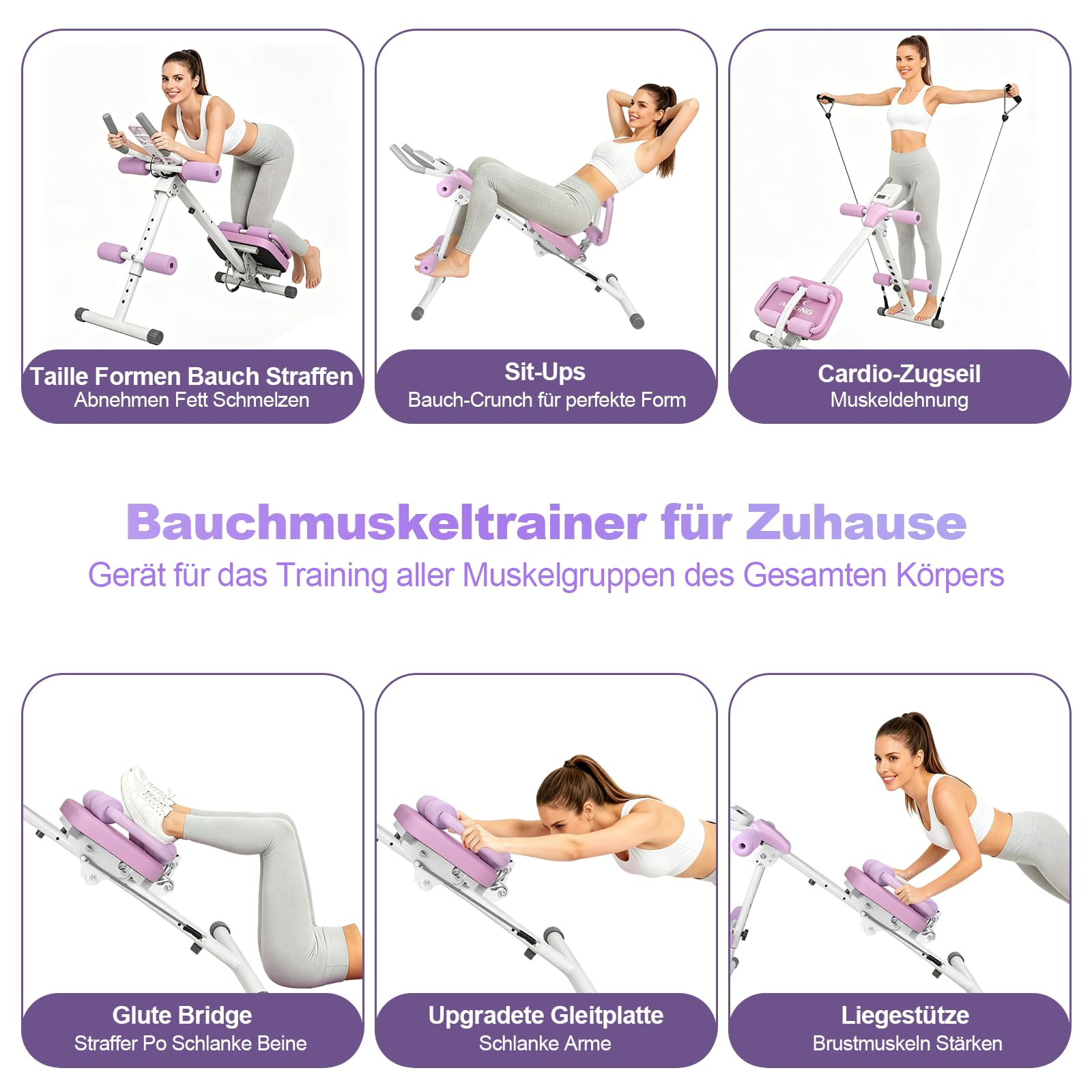 Bauchtrainer Bauchmuskeltrainer für Zuhause, Multifunktionale Verstellbarer Trainingsgerät für Ganzkörpertraining, 150kg Belastbarkeit, Abdominal Ab Machine mit LCD-Monitor & Widerstandsbänder